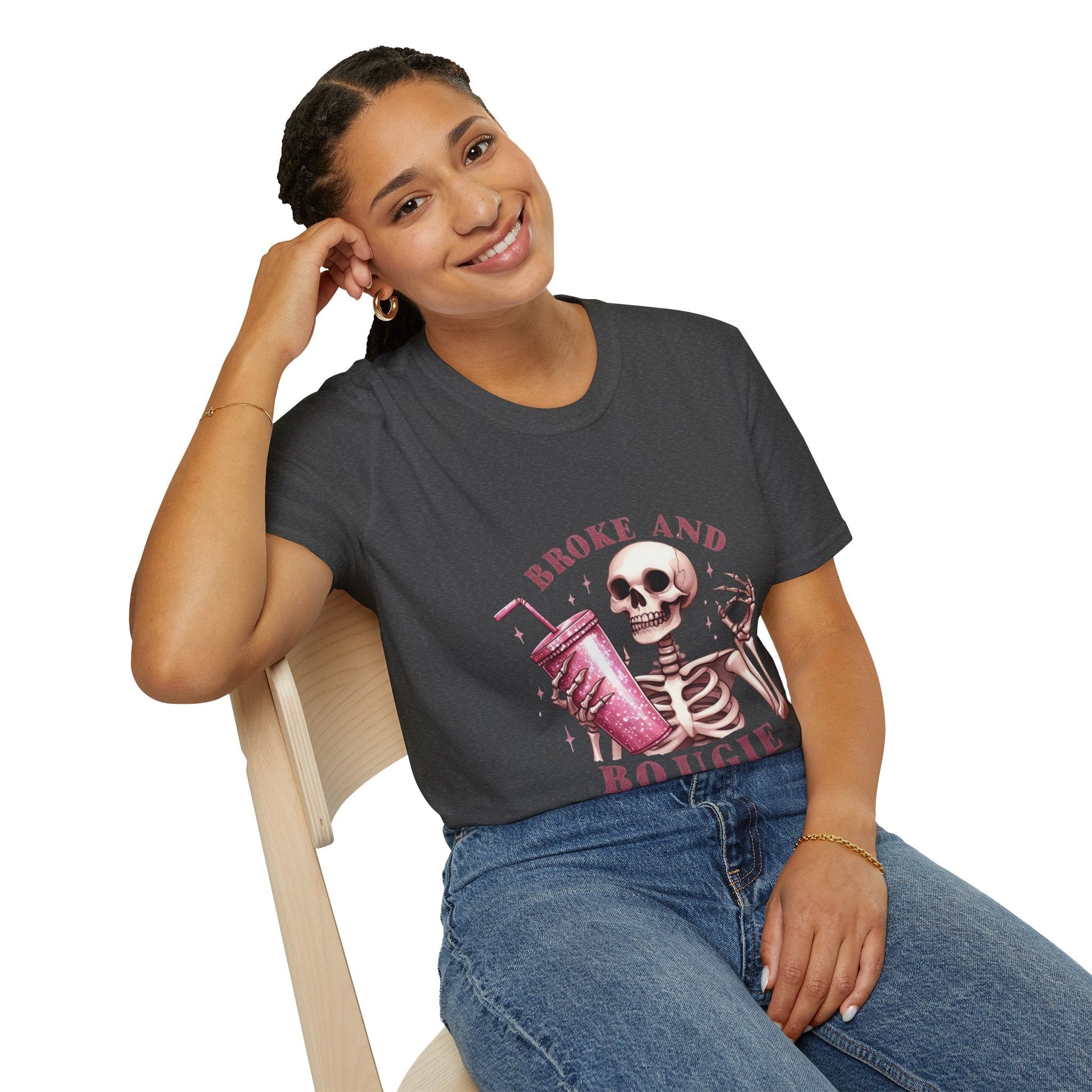 Broke and Boujie Skeleton Unisex Softstyle T-Shirt - Moon & Starr Handcrafted Jewelry && More!