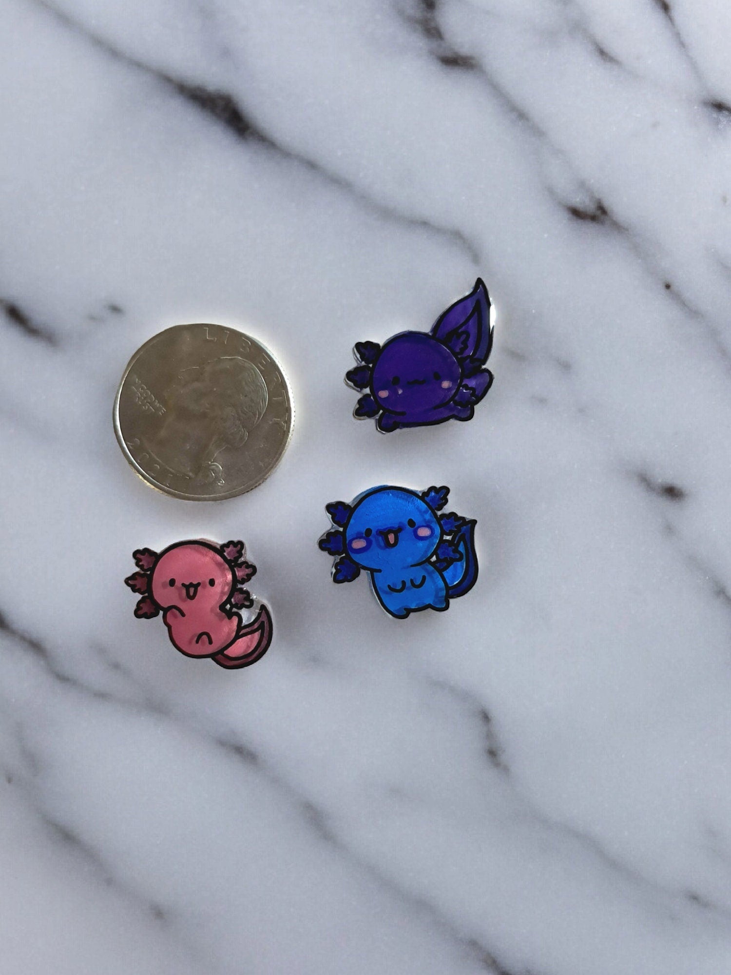 Custom Hand - painted Miniature Axolotl Pins, You Choose Colors, Set Of 3 Brass Backed Pins For Shirts, Bags, Etc. Made To Order Handmade - Moon & Starr Handcrafted Jewelry && More!