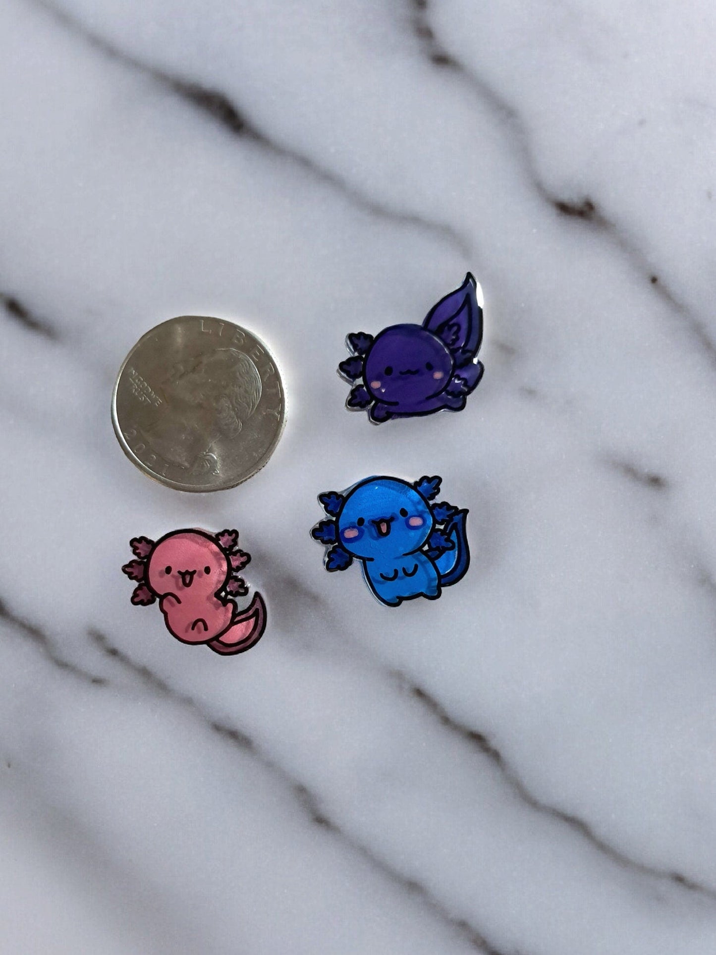 Custom Hand - painted Miniature Axolotl Pins, You Choose Colors, Set Of 3 Brass Backed Pins For Shirts, Bags, Etc. Made To Order Handmade - Moon & Starr Handcrafted Jewelry && More!