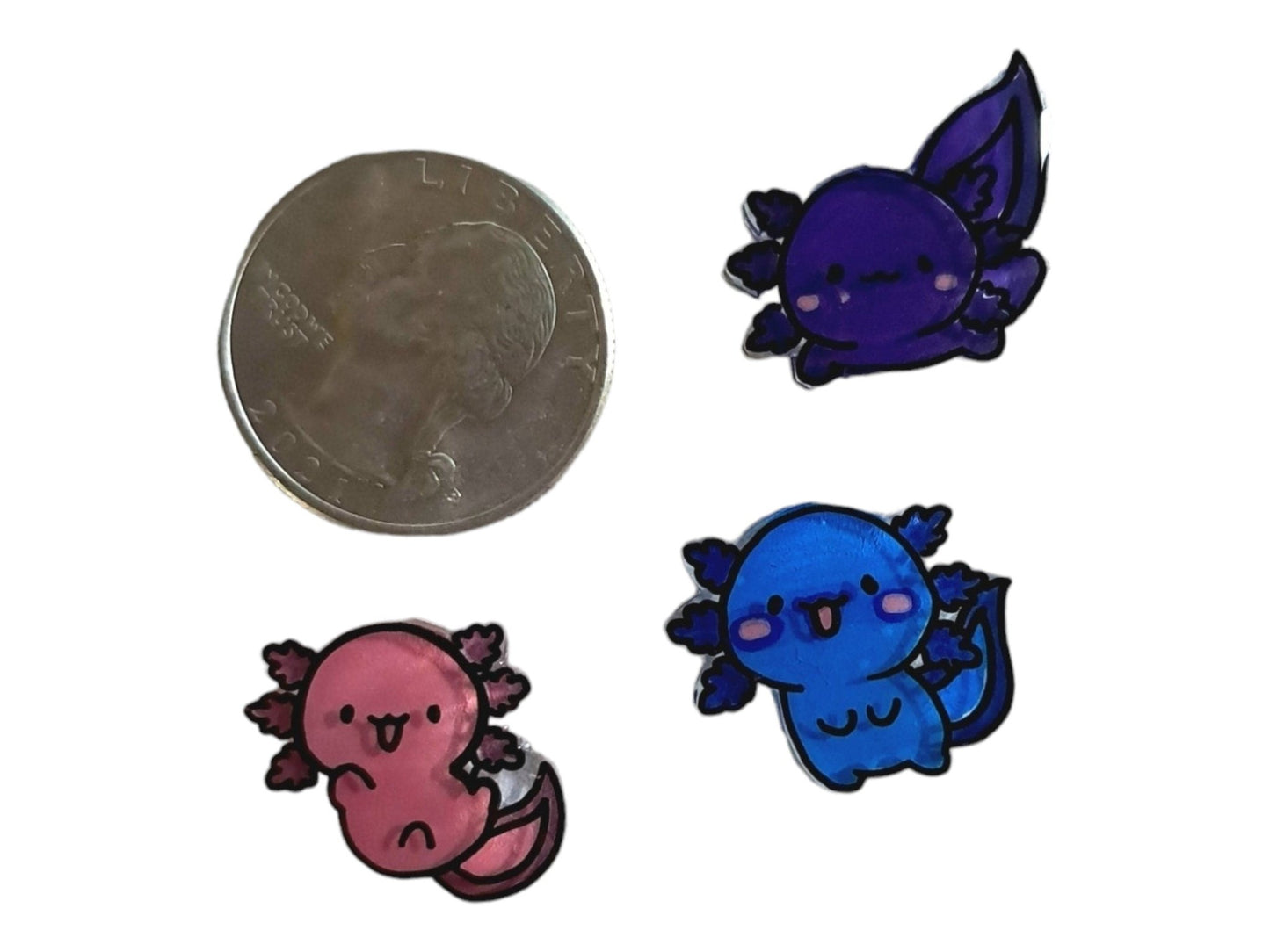 Custom Hand - painted Miniature Axolotl Pins, You Choose Colors, Set Of 3 Brass Backed Pins For Shirts, Bags, Etc. Made To Order Handmade - Moon & Starr Handcrafted Jewelry && More!
