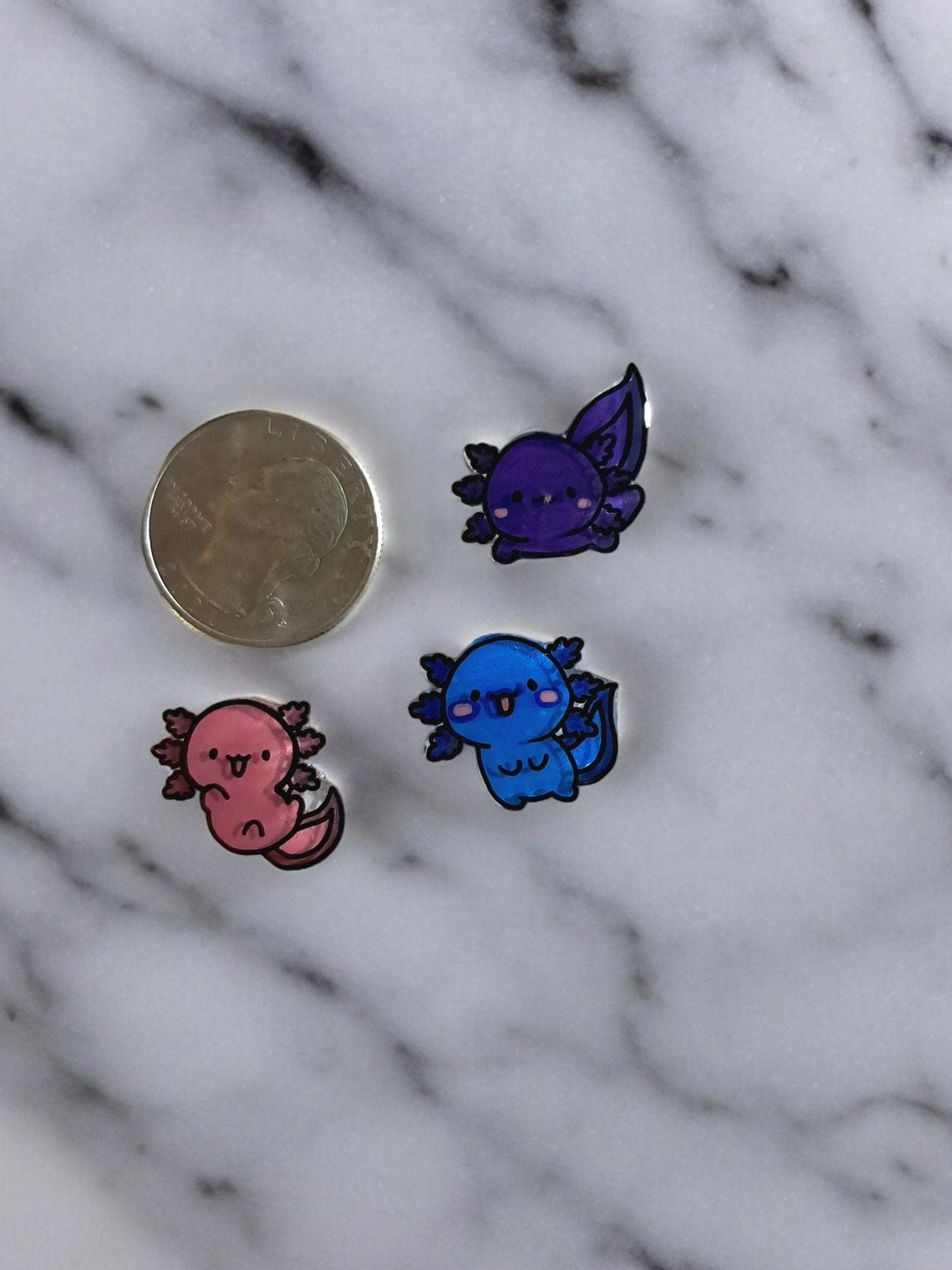 Custom Hand - painted Miniature Axolotl Pins, You Choose Colors, Set Of 3 Brass Backed Pins For Shirts, Bags, Etc. Made To Order Handmade - Moon & Starr Handcrafted Jewelry && More!