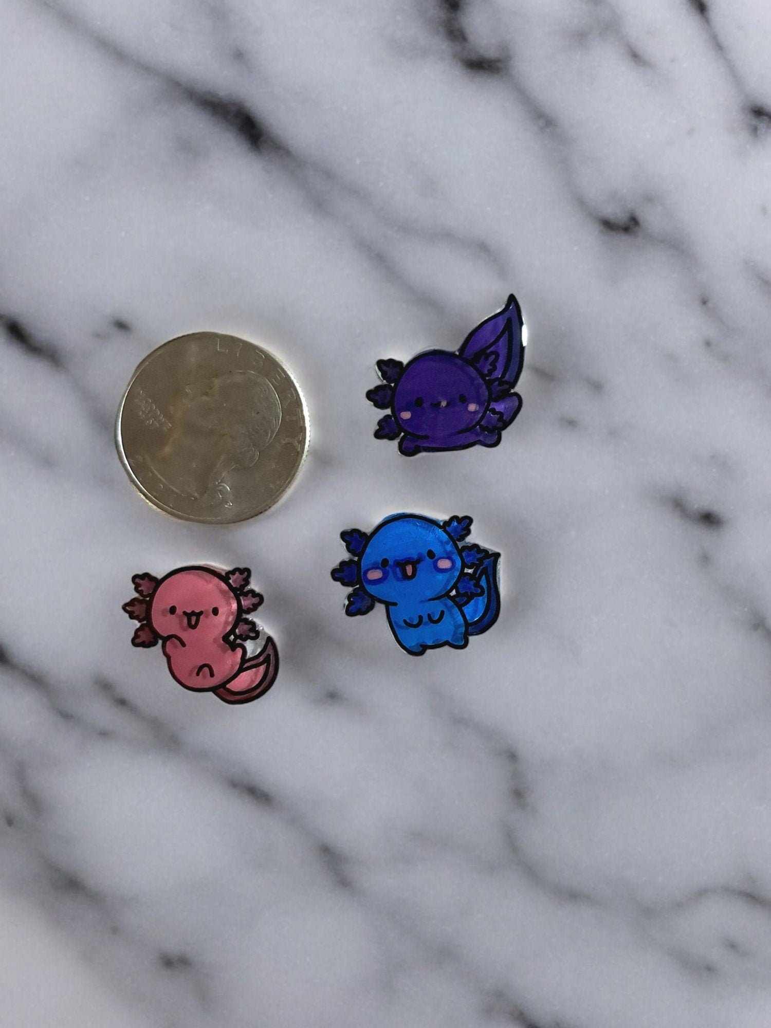 Custom Hand - painted Miniature Axolotl Pins, You Choose Colors, Set Of 3 Brass Backed Pins For Shirts, Bags, Etc. Made To Order Handmade - Moon & Starr Handcrafted Jewelry && More!