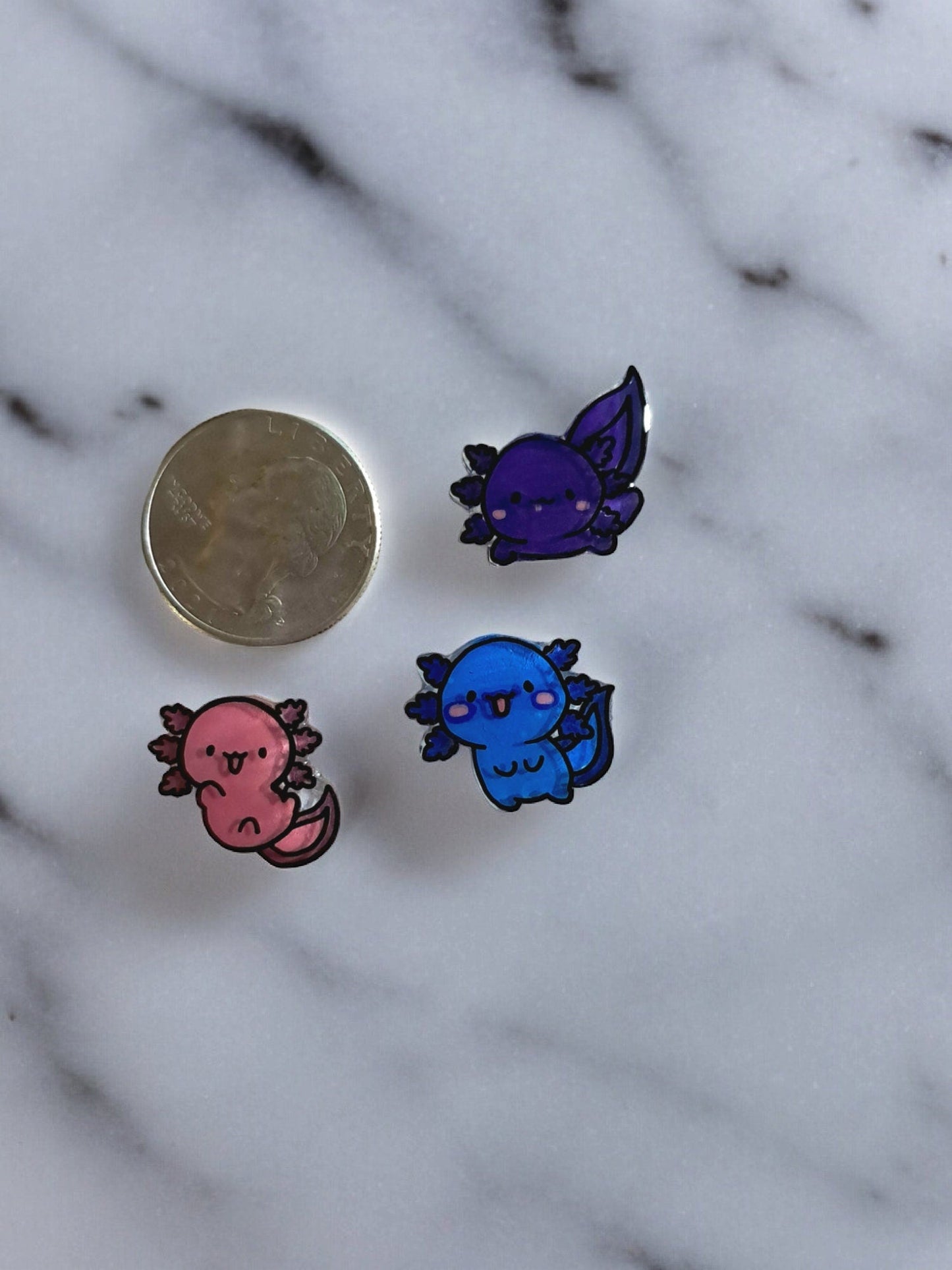 Custom Hand - painted Miniature Axolotl Pins, You Choose Colors, Set Of 3 Brass Backed Pins For Shirts, Bags, Etc. Made To Order Handmade - Moon & Starr Handcrafted Jewelry && More!