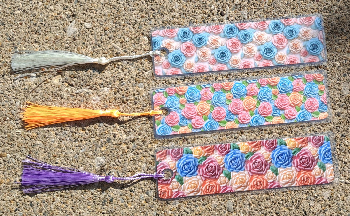 Custom Laminated 3D Embroidered Rose Image Bookmarks With Tassels, Waterproof, Made to order - Moon & Starr Handcrafted LLC