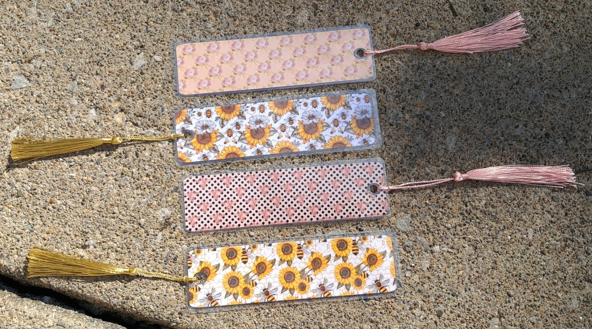 Custom Laminated Floral Bee Image Bookmarks With Tassels, Waterproof, Made to order - Moon & Starr Handcrafted LLC