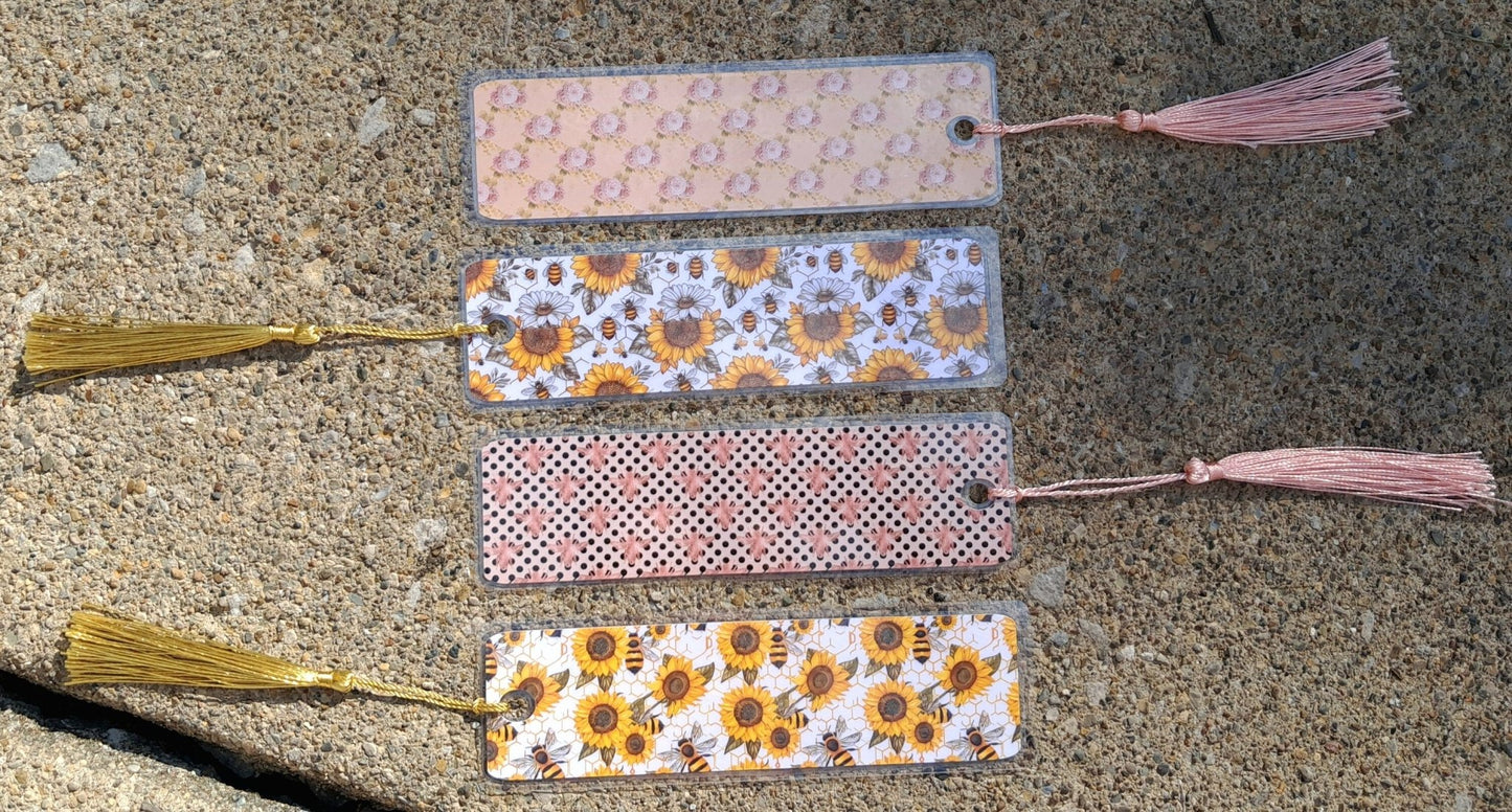 Custom Laminated Floral Bee Image Bookmarks With Tassels, Waterproof, Made to order - Moon & Starr Handcrafted LLC