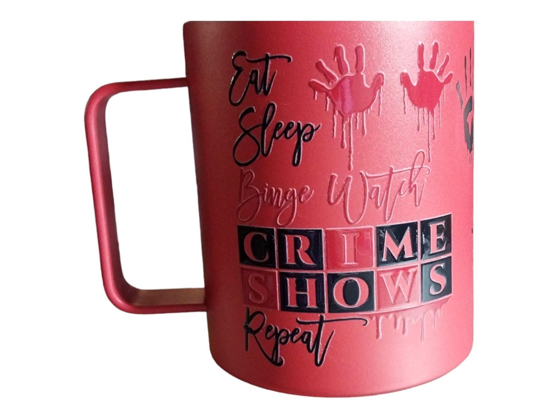 Custom True Crime Lovers Decal And Etched 12oz Insulated Camper Mug With Clear Plastic Lid, Keeps Drink Hot, Quirky True Crime Theme - Moon & Starr Handcrafted Jewelry && More!