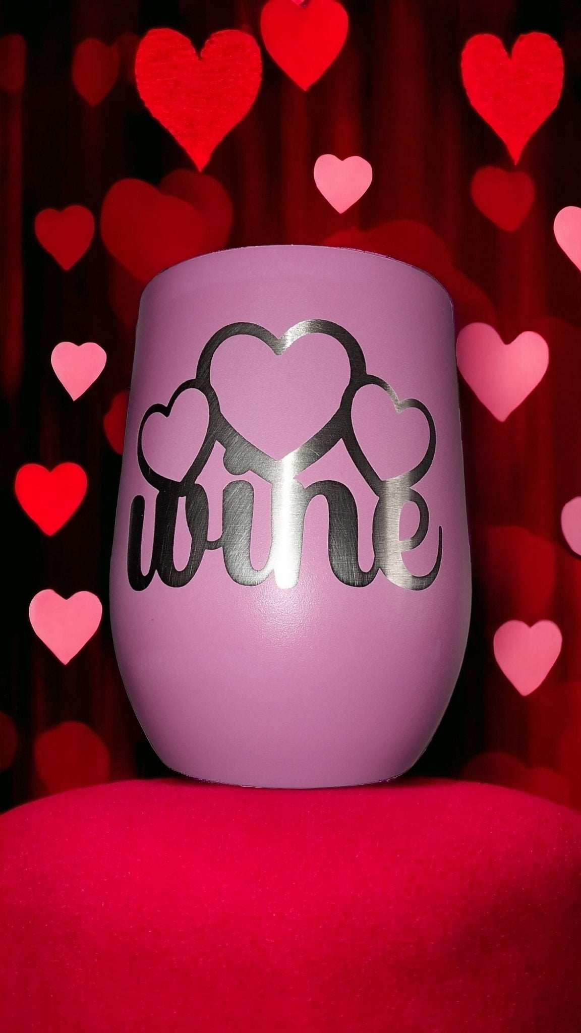 Cute Pink Customized 12oz Wine Tumbler With Plastic Lid, Steel Double Wall Tumbler, Keeps Drink Cool, Custom Etched Design Wine With Hearts - Moon & Starr Handcrafted Jewelry && More!