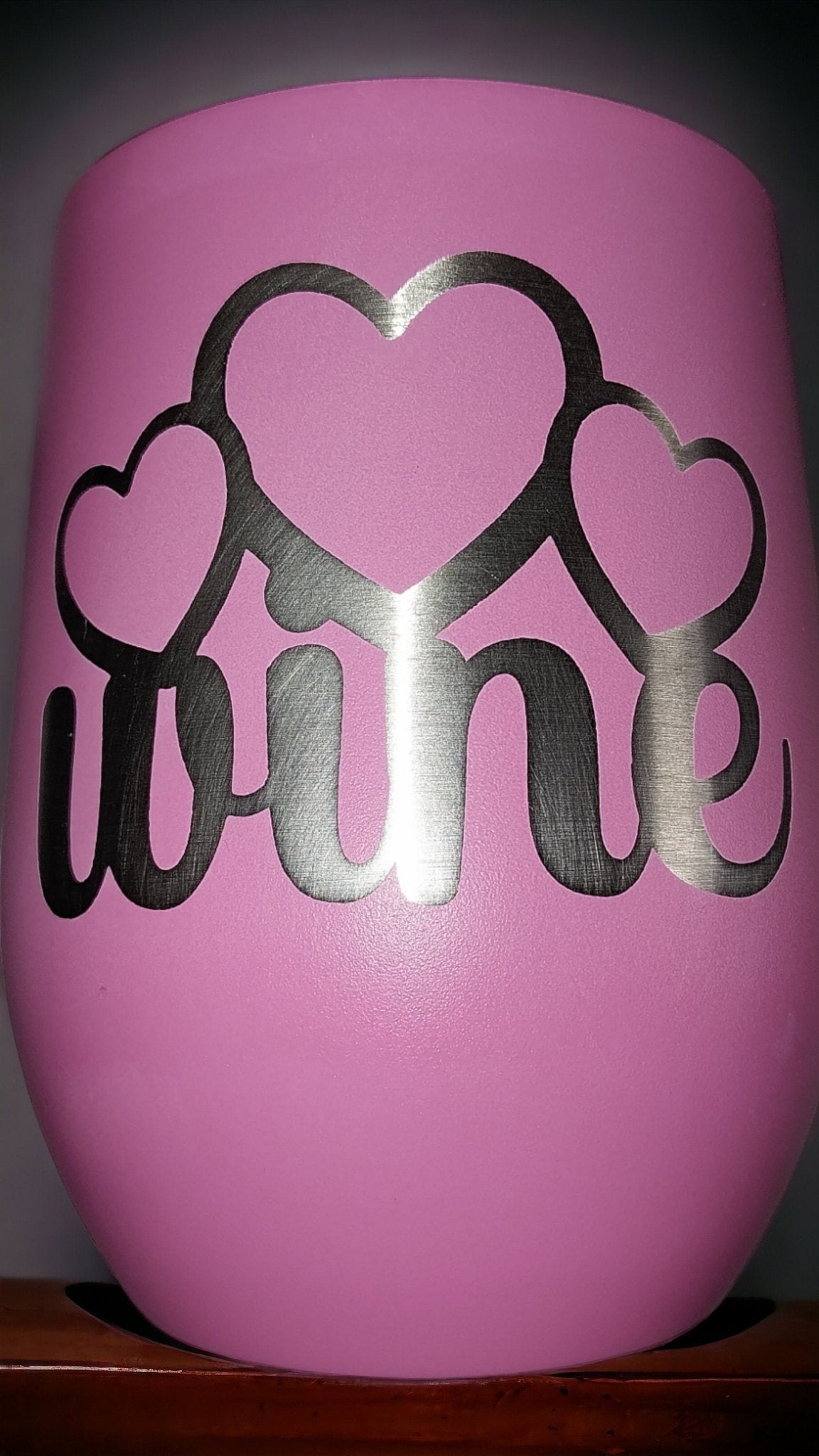 Cute Pink Customized 12oz Wine Tumbler With Plastic Lid, Steel Double Wall Tumbler, Keeps Drink Cool, Custom Etched Design Wine With Hearts - Moon & Starr Handcrafted Jewelry && More!