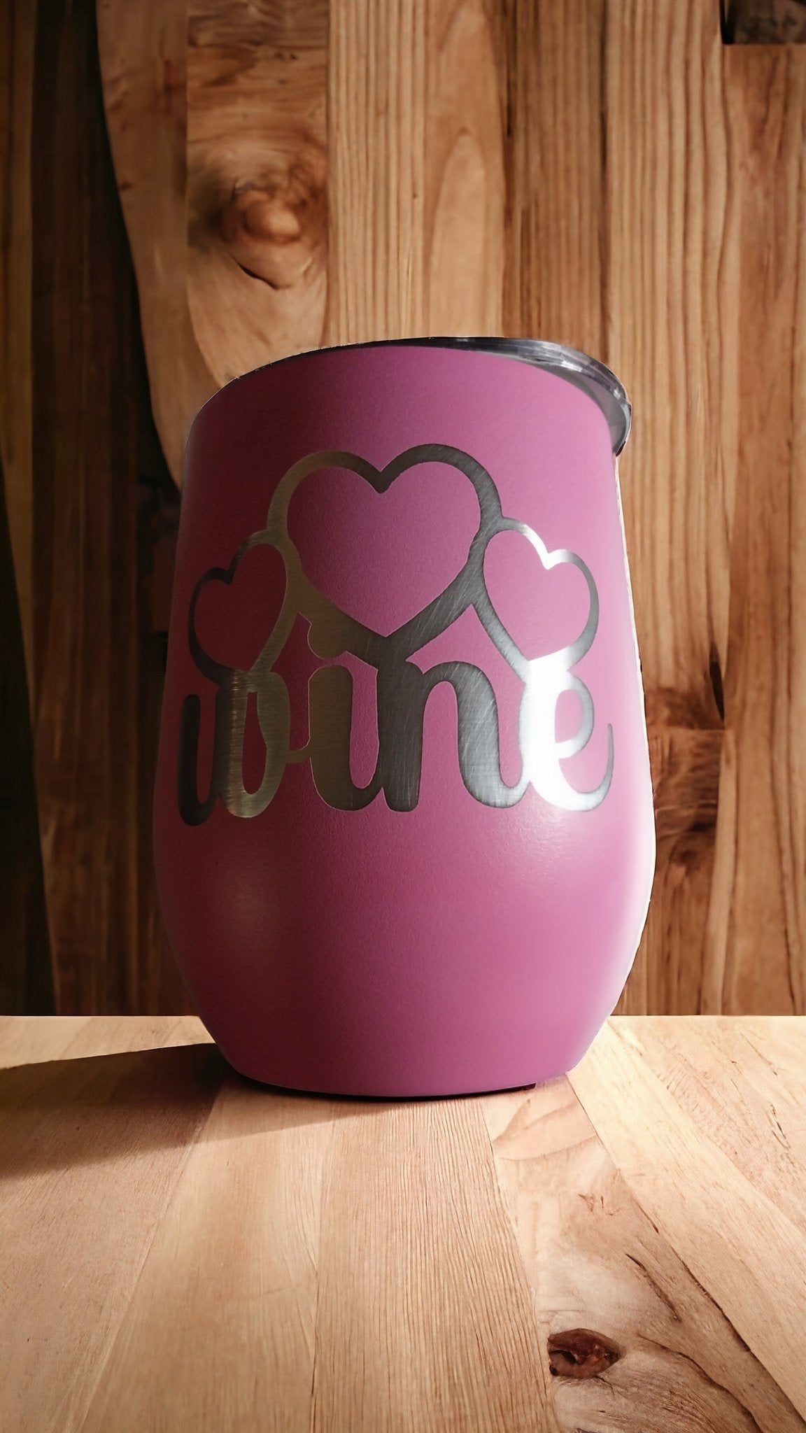 Cute Pink Customized 12oz Wine Tumbler With Plastic Lid, Steel Double Wall Tumbler, Keeps Drink Cool, Custom Etched Design Wine With Hearts - Moon & Starr Handcrafted Jewelry && More!