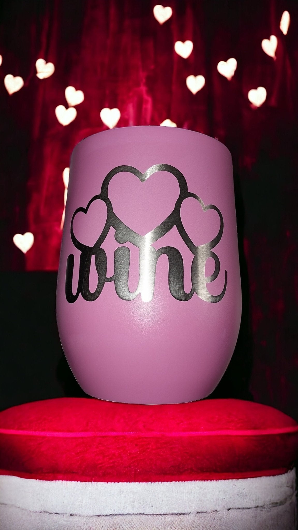 Cute Pink Customized 12oz Wine Tumbler With Plastic Lid, Steel Double Wall Tumbler, Keeps Drink Cool, Custom Etched Design Wine With Hearts - Moon & Starr Handcrafted Jewelry && More!