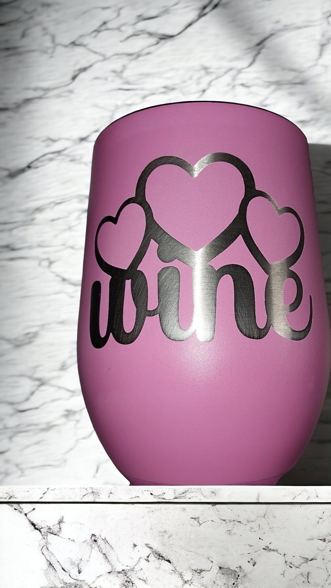 Cute Pink Customized 12oz Wine Tumbler With Plastic Lid, Steel Double Wall Tumbler, Keeps Drink Cool, Custom Etched Design Wine With Hearts - Moon & Starr Handcrafted Jewelry && More!