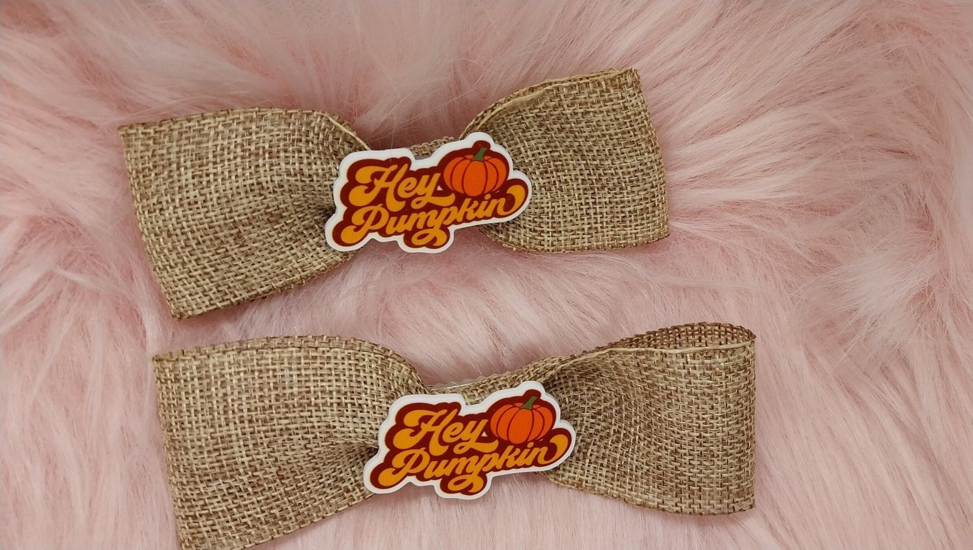 Extra Large Handmade Burlap Ribbon Autumn Themed "Hey Pumpkin" Alligator Clip Bows For Girls Or Women Single Or Set - Moon & Starr Handcrafted Jewelry && More!