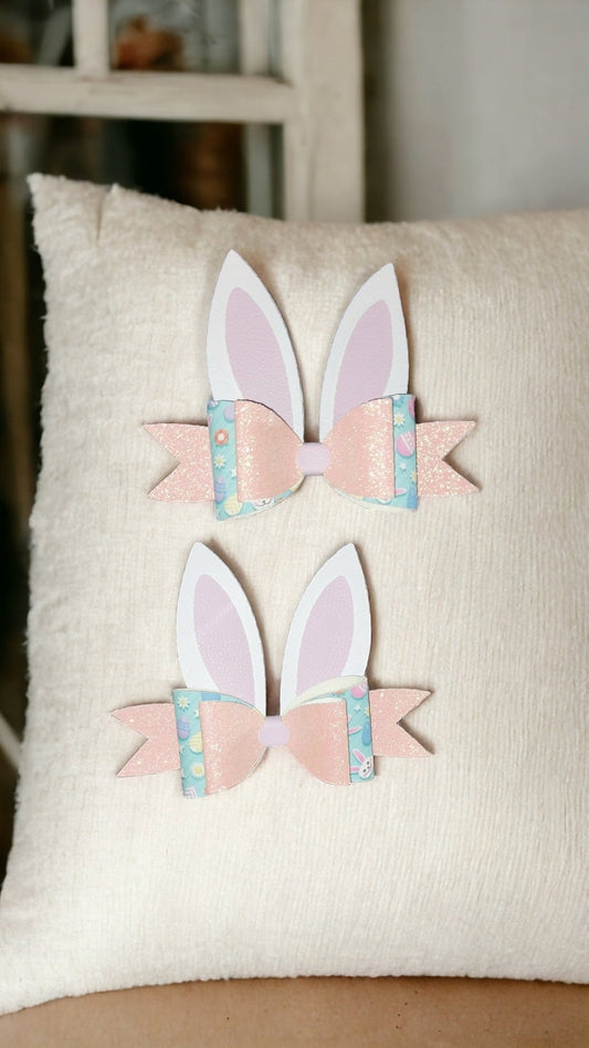 Extra Large Little Girls Bunny Bow With Ears, Alligator Clip In Handmade With Faux Leather, Easter Holiday Hair Accessories - Moon & Starr Handcrafted Jewelry && More!