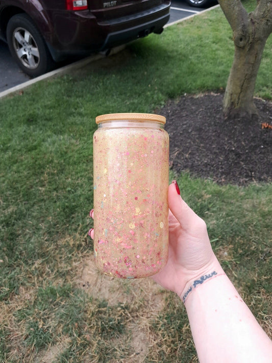 Frosted Lemonade Snowglobe Tumbler, Glass Libbey Can Cup Style Glitter Tumbler With Bamboo Lid And Plastic Straw - Moon & Starr Handcrafted LLC