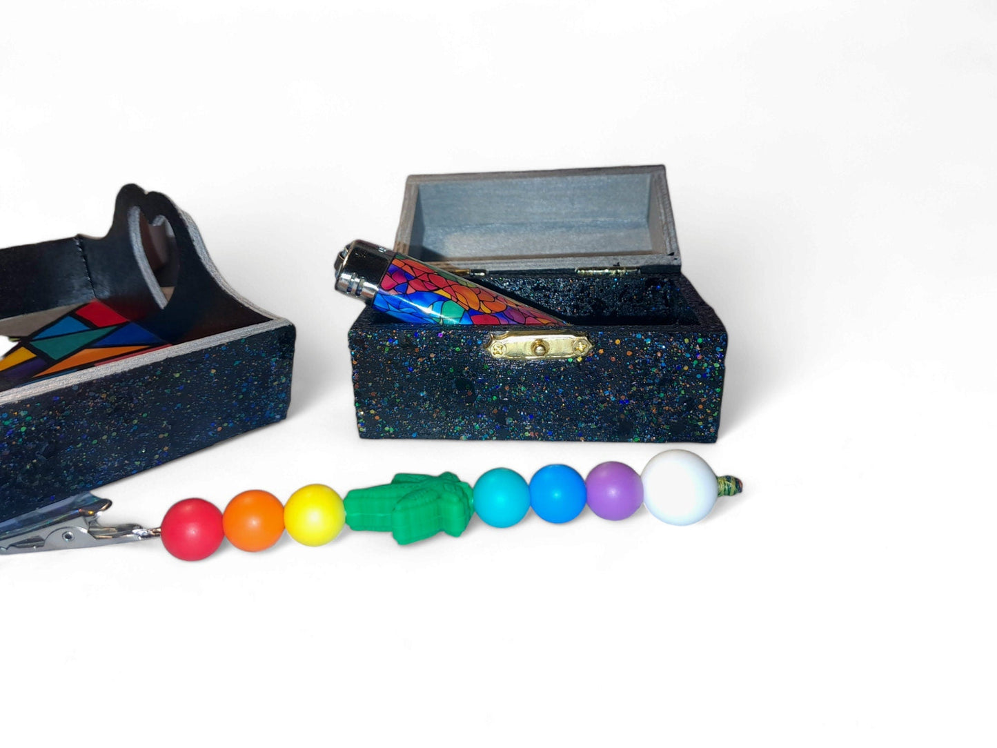 Fully custom tray/box/lighter/clip sets, Hand painted wooden trays and stash boxes, wrapped lighters, silicone beaded clips Any style - Moon & Starr Handcrafted LLC