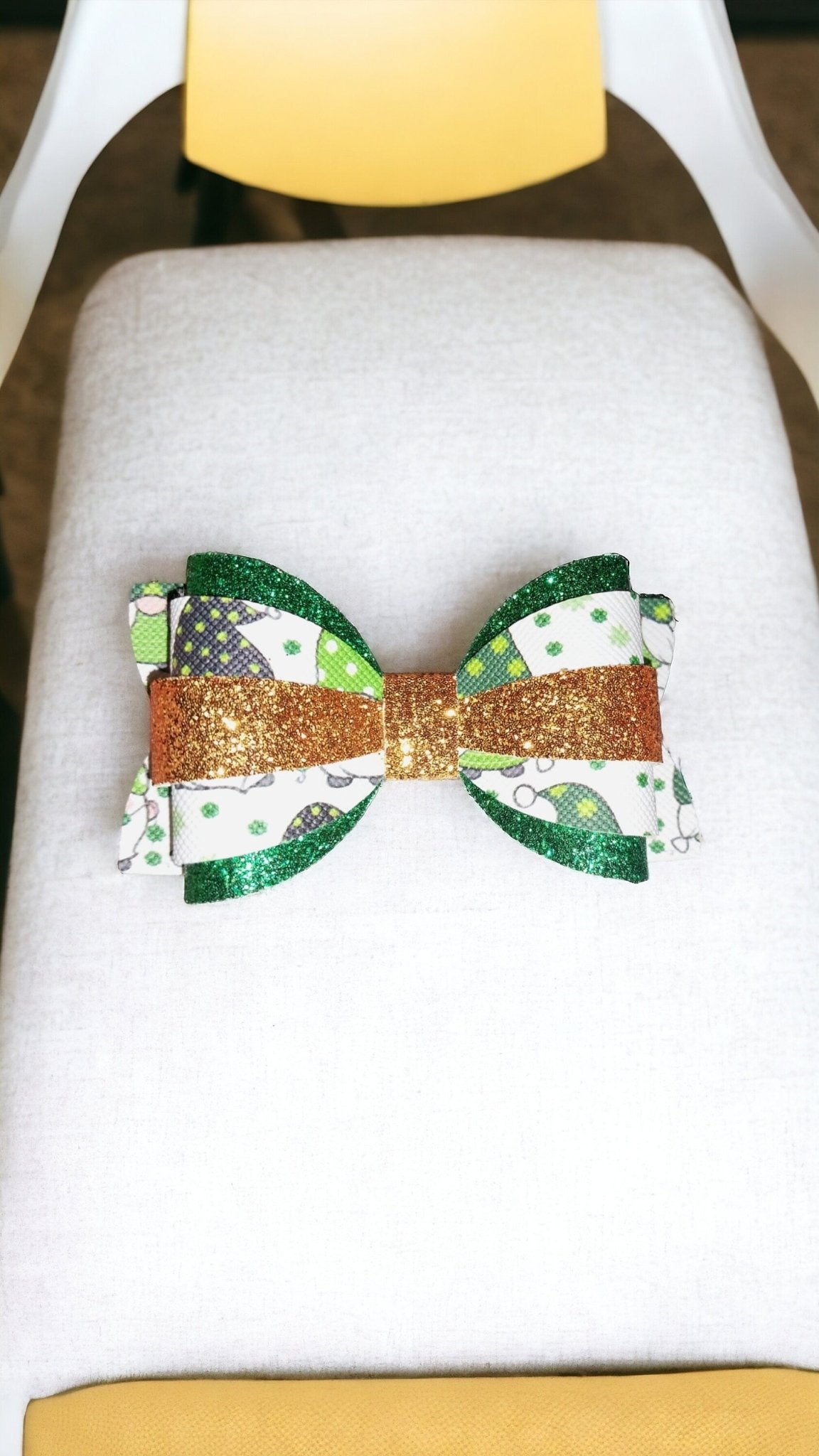 Girls St Patrick's Day Faux Leather Bow With Alligator Clip, Glittery with gnomes and shamrocks. Single or set - Moon & Starr Handcrafted Jewelry && More!