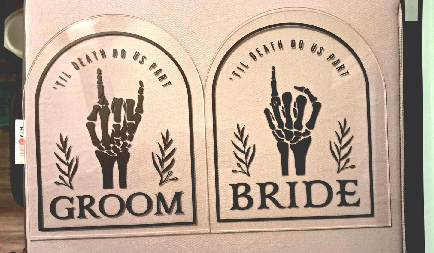 Gothic Wedding Decor Clear Acrylic Bride And Groom Signs, No Stands, Skeleton Hands, Wedding Party Table/ Seating Decoration - Moon & Starr Handcrafted LLC