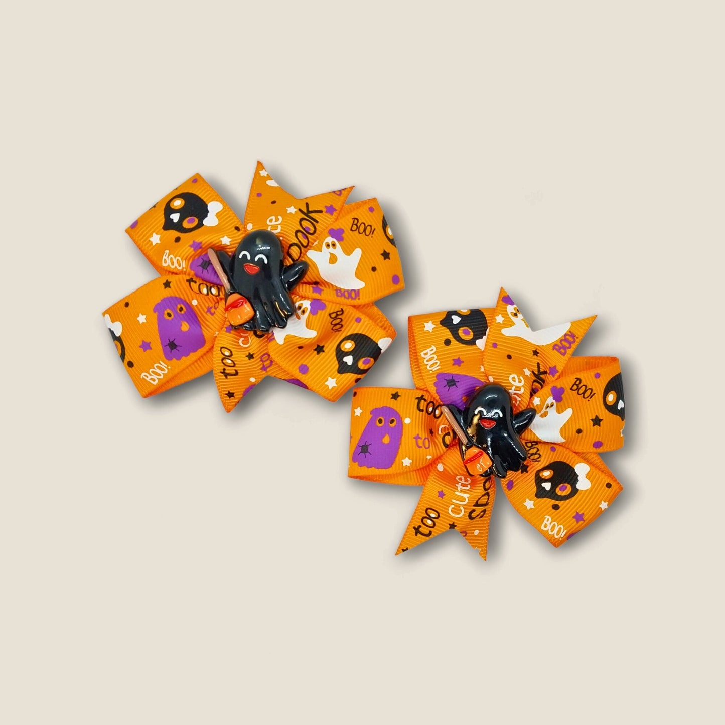 Halloween Bow Set Of 2 Orange With White And Purple Spooky Pattern And Ghosts With Brooms Charms Alligator Clip In Ribbon Bows For Girls - Moon & Starr Handcrafted Jewelry && More!