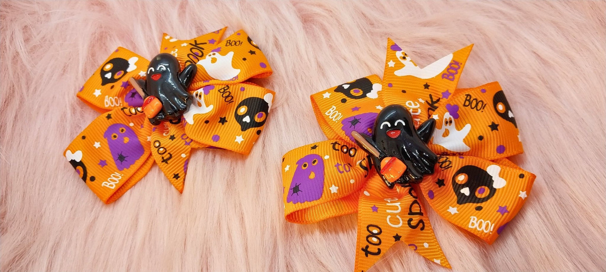 Halloween Bow Set Of 2 Orange With White And Purple Spooky Pattern And Ghosts With Brooms Charms Alligator Clip In Ribbon Bows For Girls - Moon & Starr Handcrafted Jewelry && More!