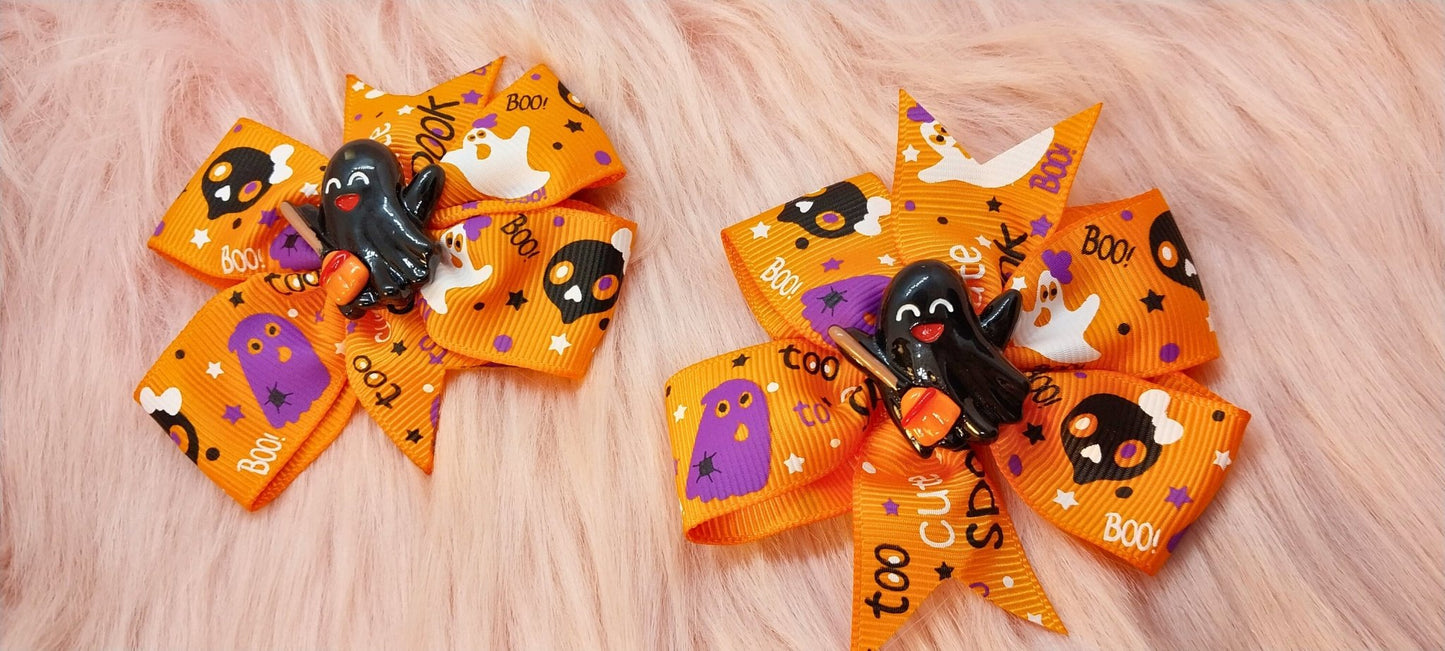 Halloween Bow Set Of 2 Orange With White And Purple Spooky Pattern And Ghosts With Brooms Charms Alligator Clip In Ribbon Bows For Girls - Moon & Starr Handcrafted Jewelry && More!