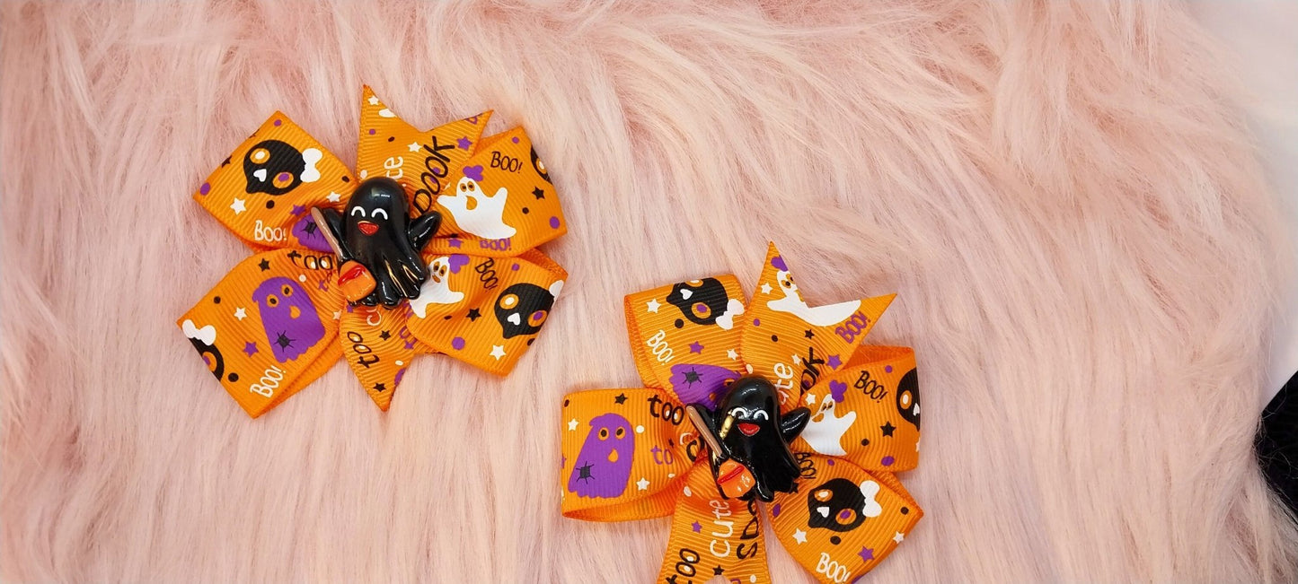 Halloween Bow Set Of 2 Orange With White And Purple Spooky Pattern And Ghosts With Brooms Charms Alligator Clip In Ribbon Bows For Girls - Moon & Starr Handcrafted Jewelry && More!