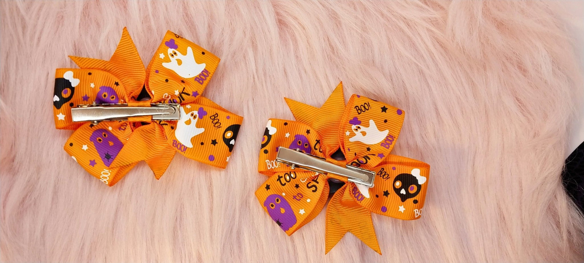 Halloween Bow Set Of 2 Orange With White And Purple Spooky Pattern And Ghosts With Brooms Charms Alligator Clip In Ribbon Bows For Girls - Moon & Starr Handcrafted Jewelry && More!