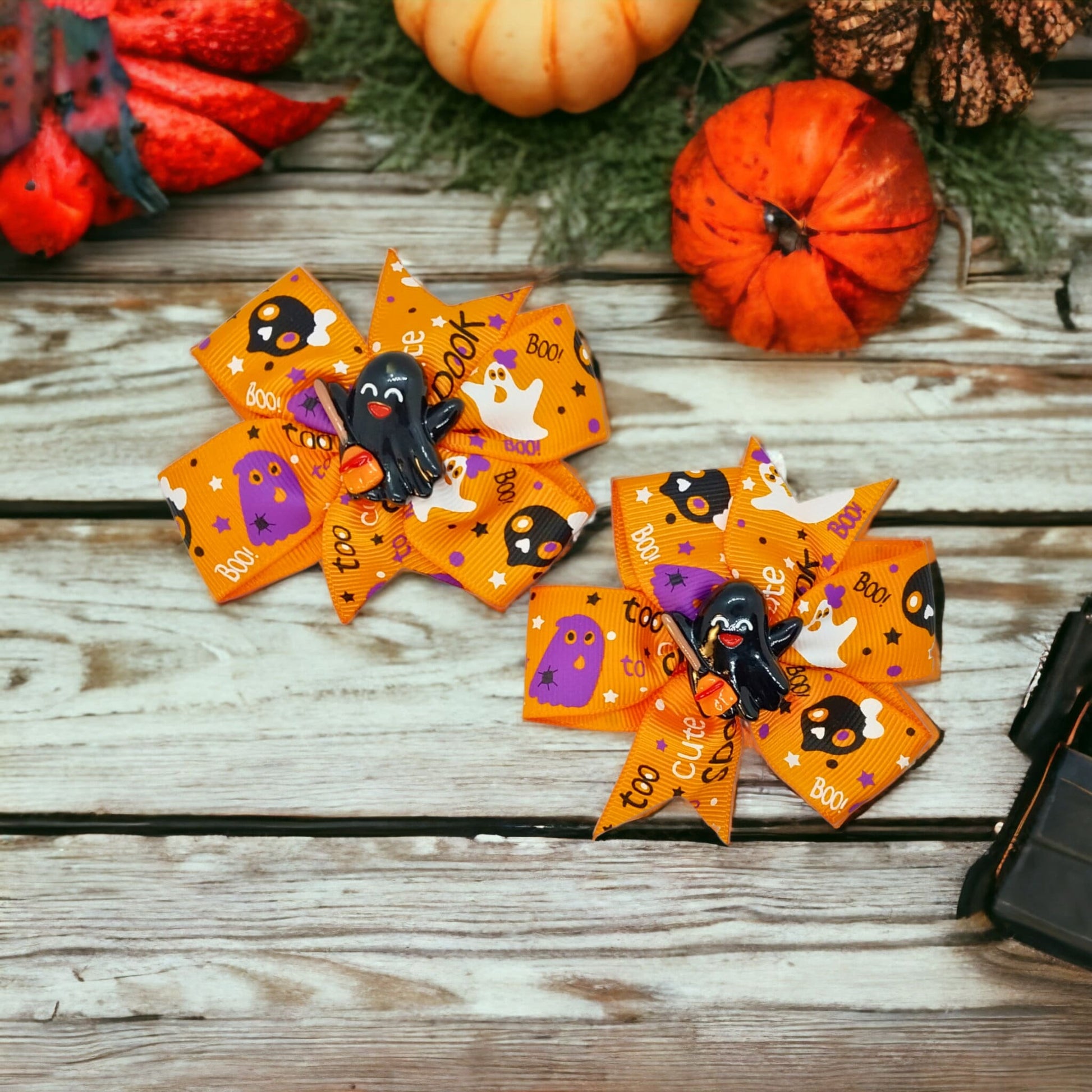 Halloween Bow Set Of 2 Orange With White And Purple Spooky Pattern And Ghosts With Brooms Charms Alligator Clip In Ribbon Bows For Girls - Moon & Starr Handcrafted Jewelry && More!