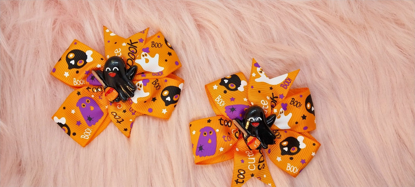 Halloween Bow Set Of 2 Orange With White And Purple Spooky Pattern And Ghosts With Brooms Charms Alligator Clip In Ribbon Bows For Girls - Moon & Starr Handcrafted Jewelry && More!