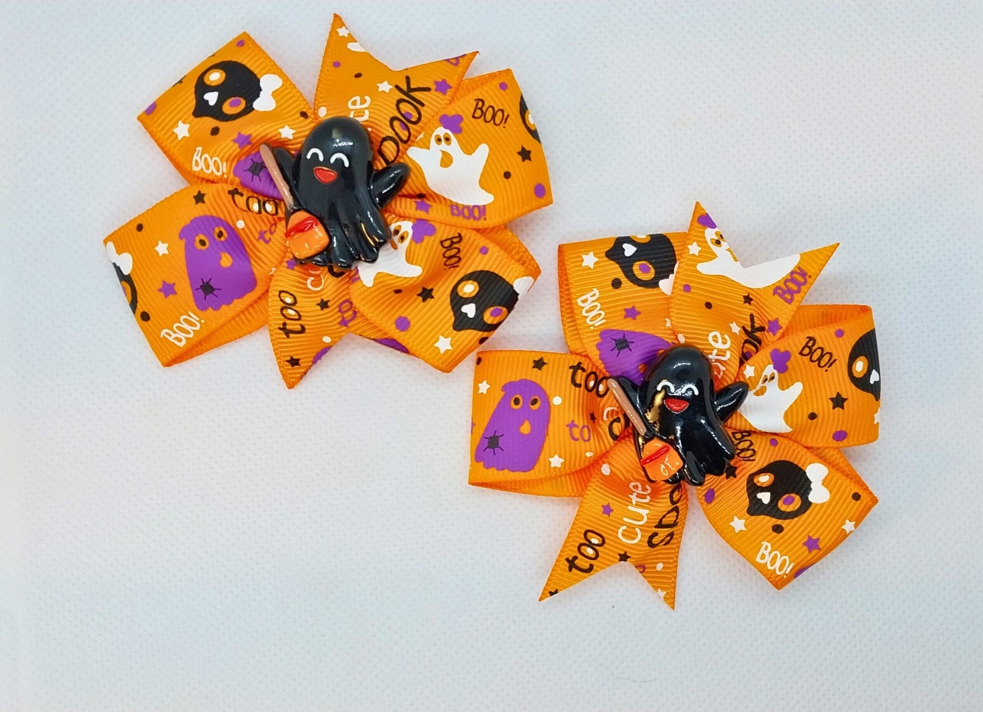 Halloween Bow Set Of 2 Orange With White And Purple Spooky Pattern And Ghosts With Brooms Charms Alligator Clip In Ribbon Bows For Girls - Moon & Starr Handcrafted Jewelry && More!