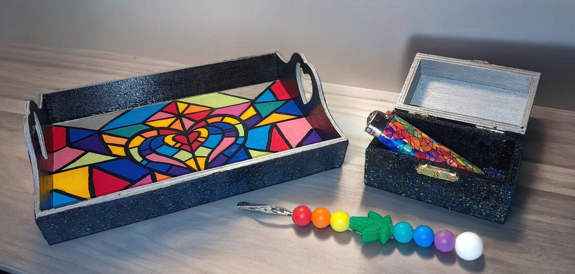 Hand - Painted Rainbow Stained Glass Rolling Tray Set with Matching Stash Box, Joint Clip and Wrapped Lighter, Rainbow Pride Matching Set - Moon & Starr Handcrafted LLC