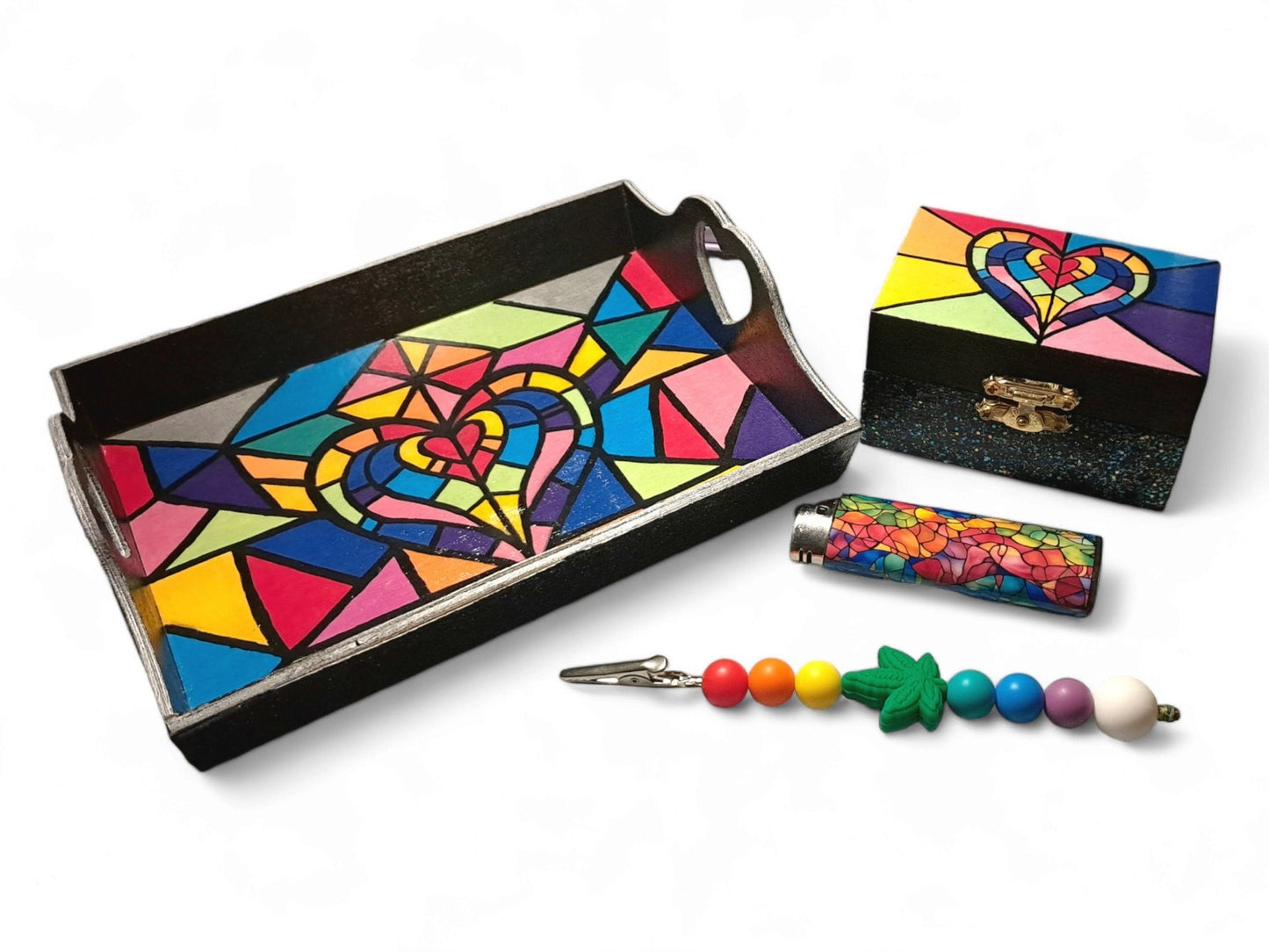 Hand - Painted Rainbow Stained Glass Rolling Tray Set with Matching Stash Box, Joint Clip and Wrapped Lighter, Rainbow Pride Matching Set - Moon & Starr Handcrafted LLC