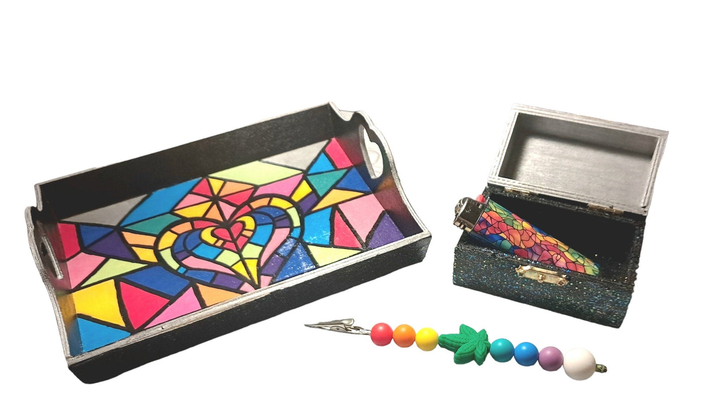 Hand - Painted Rainbow Stained Glass Rolling Tray Set with Matching Stash Box, Joint Clip and Wrapped Lighter, Rainbow Pride Matching Set - Moon & Starr Handcrafted LLC