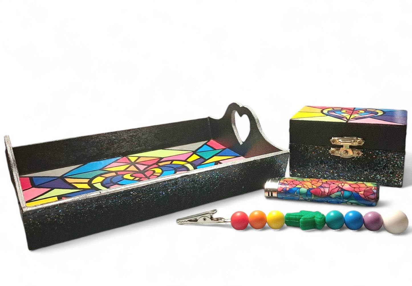 Hand - Painted Rainbow Stained Glass Rolling Tray Set with Matching Stash Box, Joint Clip and Wrapped Lighter, Rainbow Pride Matching Set - Moon & Starr Handcrafted LLC