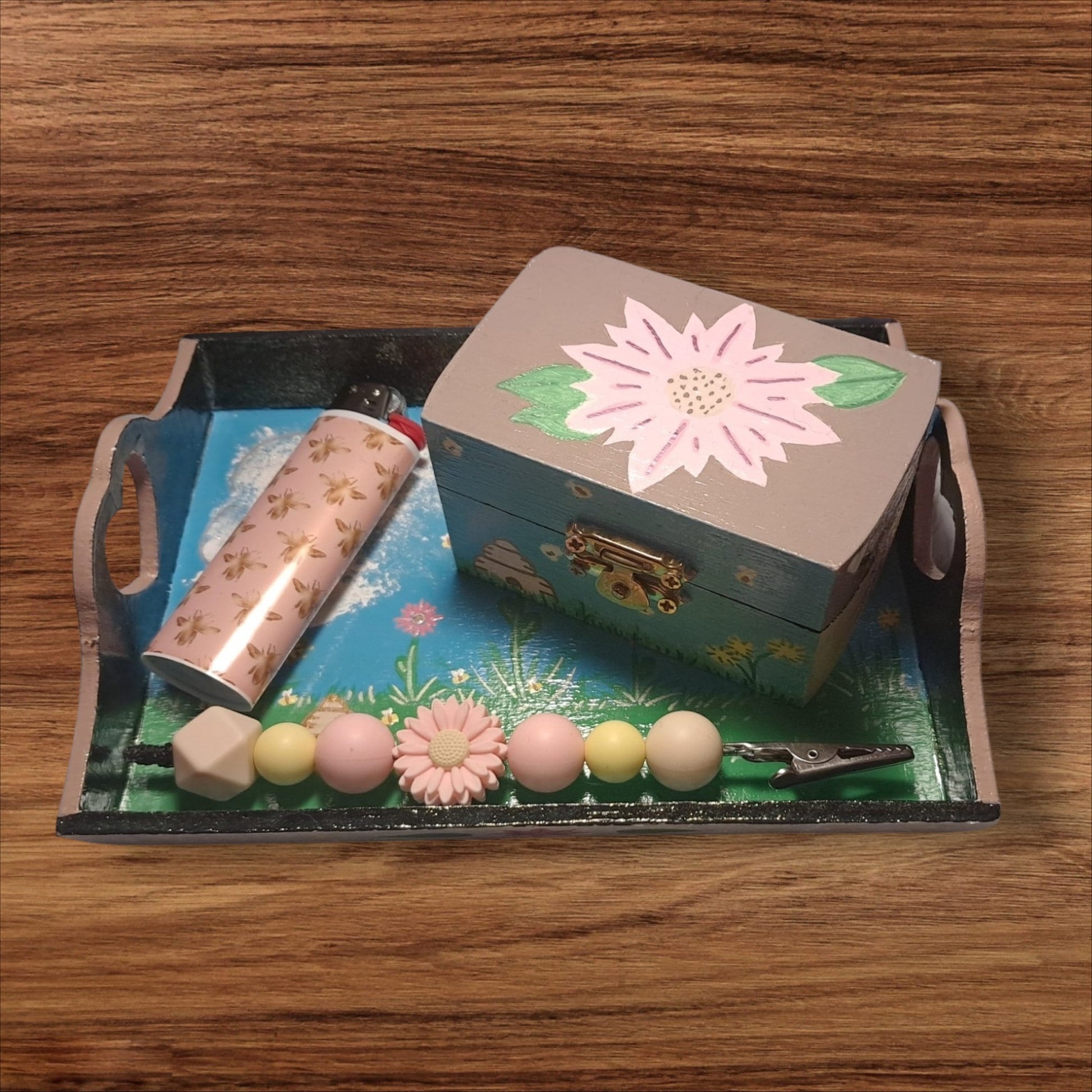 Hand - painted Wooden Bees and Flowers Rolling Tray Set with Matching Stash Box, Clip, And Lighter. Custom Made Stoner Girl Set, Compact Sizes - Moon & Starr Handcrafted LLC