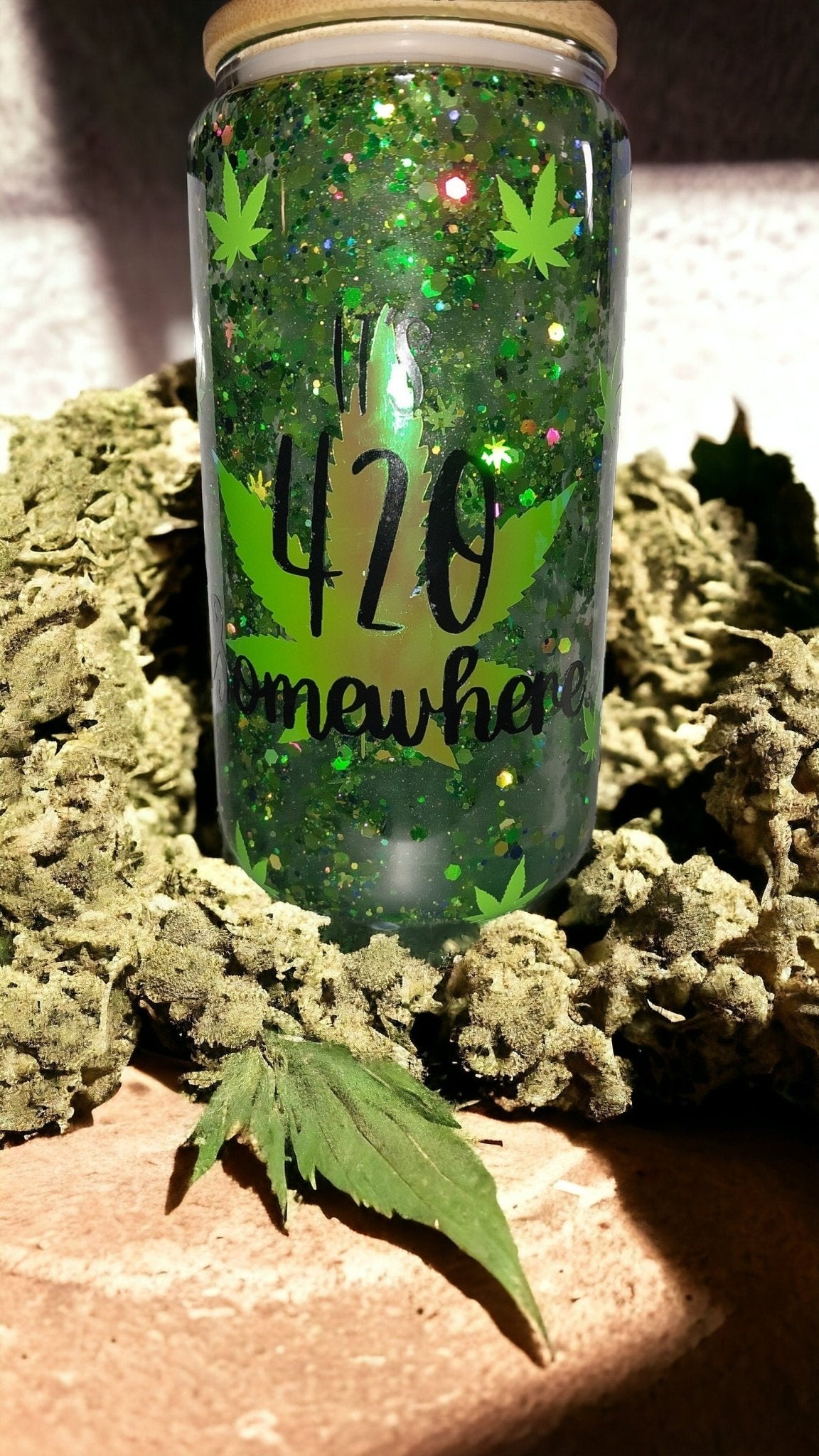 It's 420 Somewhere 12 Oz Glass Can Snowglobe Tumbler, Semi Slow Flow With Glitter And Mica, Bamboo Lid And Plastic Or Metal Straw - Moon & Starr Handcrafted Jewelry && More!