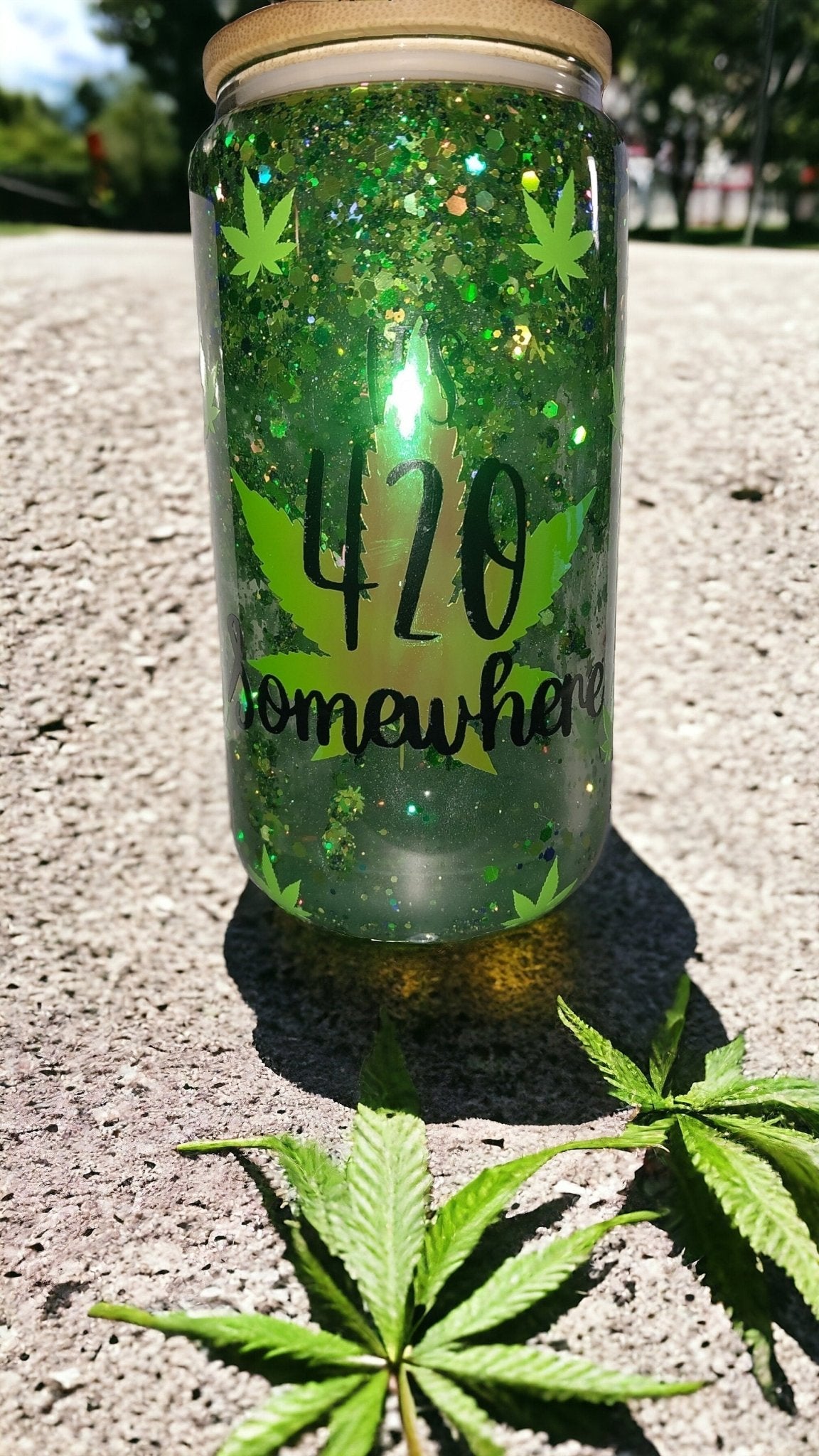 It's 420 Somewhere 12 Oz Glass Can Snowglobe Tumbler, Semi Slow Flow With Glitter And Mica, Bamboo Lid And Plastic Or Metal Straw - Moon & Starr Handcrafted Jewelry && More!