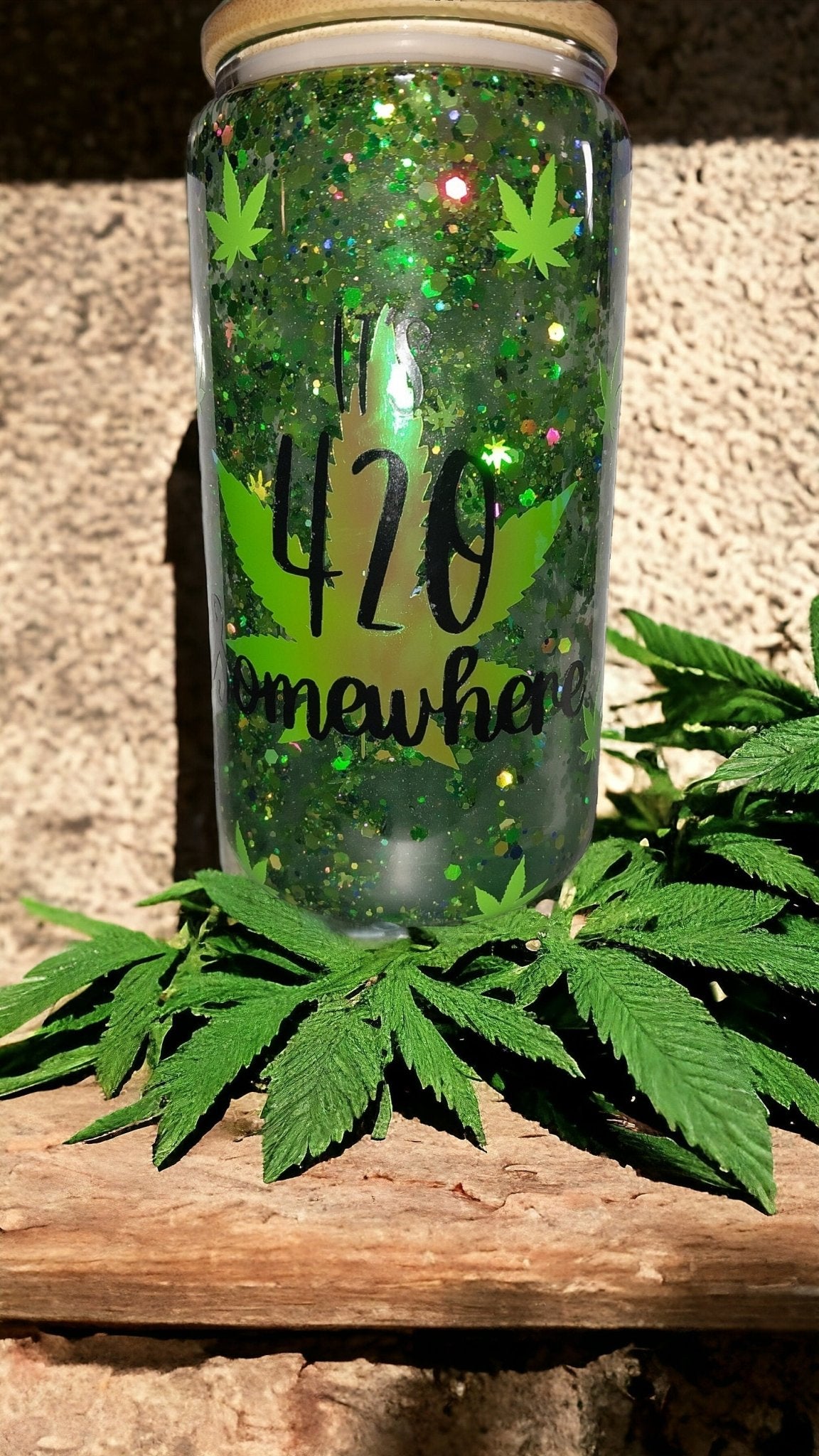 It's 420 Somewhere 12 Oz Glass Can Snowglobe Tumbler, Semi Slow Flow With Glitter And Mica, Bamboo Lid And Plastic Or Metal Straw - Moon & Starr Handcrafted Jewelry && More!