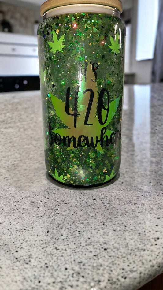 It's 420 Somewhere 12 Oz Glass Can Snowglobe Tumbler, Semi Slow Flow With Glitter And Mica, Bamboo Lid And Plastic Or Metal Straw - Moon & Starr Handcrafted Jewelry && More!