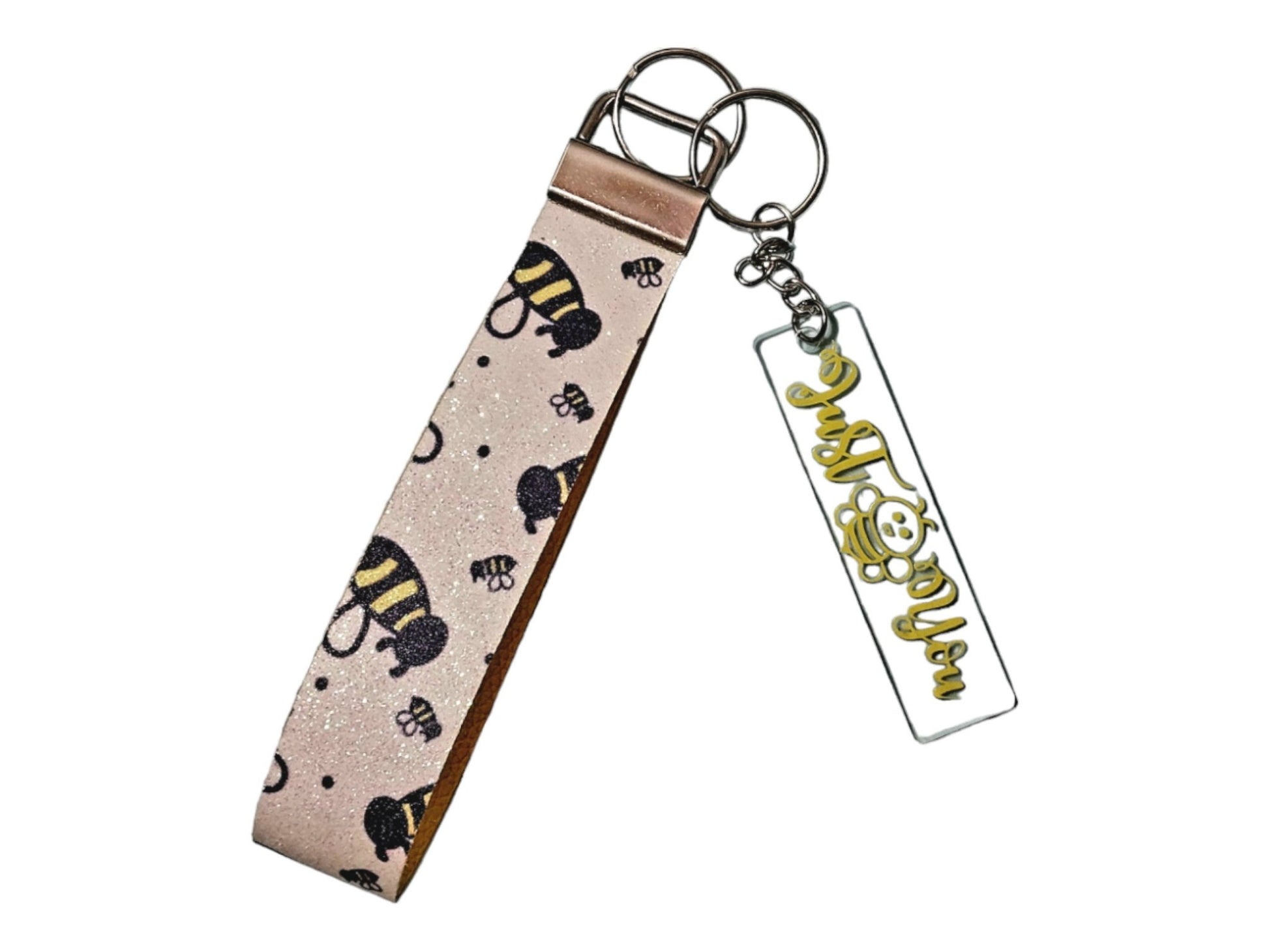 Just Bee You Cute Custom Handmade Glitter Faux Leather Wristlet/Lanyard/Keytag With Matching Positive Saying Keychain - Moon & Starr Handcrafted Jewelry && More!