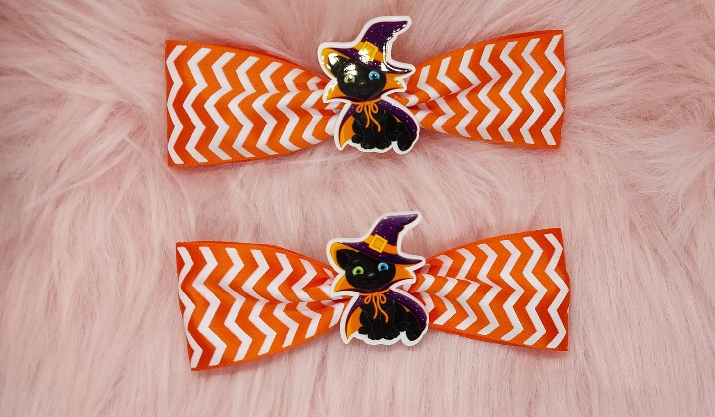 Large Cute Orange Striped Halloween Cat Clip In Bow For Girls And Women Single Or Set Of 2 - Moon & Starr Handcrafted Jewelry && More!