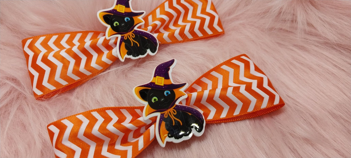 Large Cute Orange Striped Halloween Cat Clip In Bow For Girls And Women Single Or Set Of 2 - Moon & Starr Handcrafted Jewelry && More!