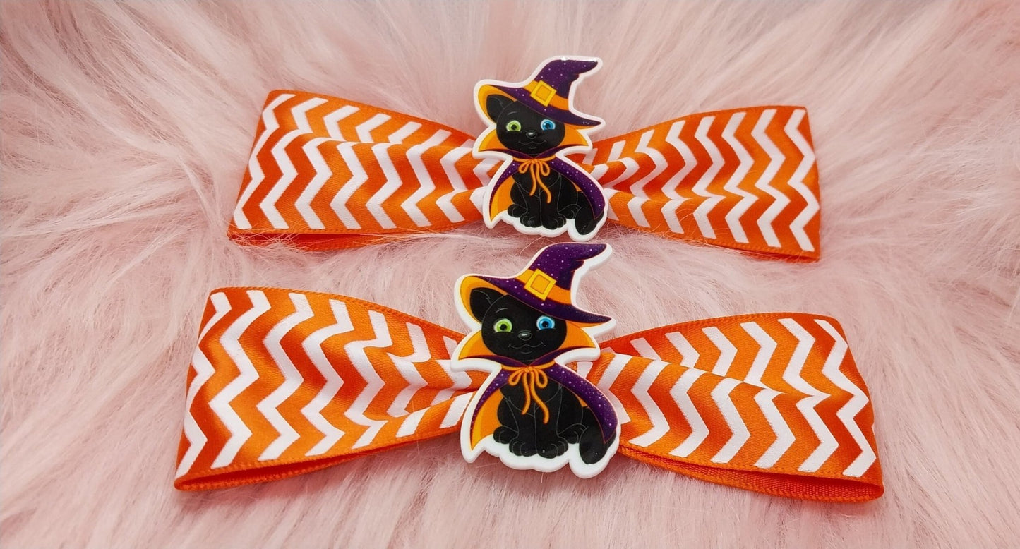 Large Cute Orange Striped Halloween Cat Clip In Bow For Girls And Women Single Or Set Of 2 - Moon & Starr Handcrafted Jewelry && More!