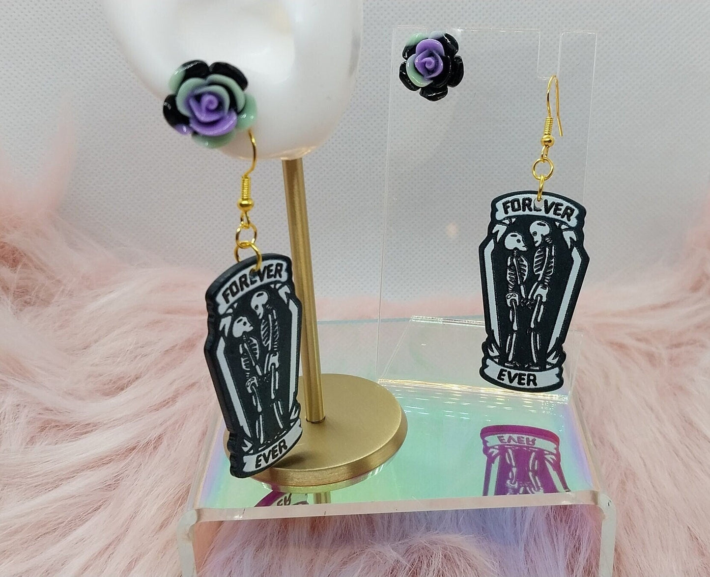 Loving Skeletons Dangle And Dark Rose's Stud Earrings Set for Women Golden Ear Wire Charm Dangle and Flowers Stud Halloween Earring Set - Moon & Starr Handcrafted LLC