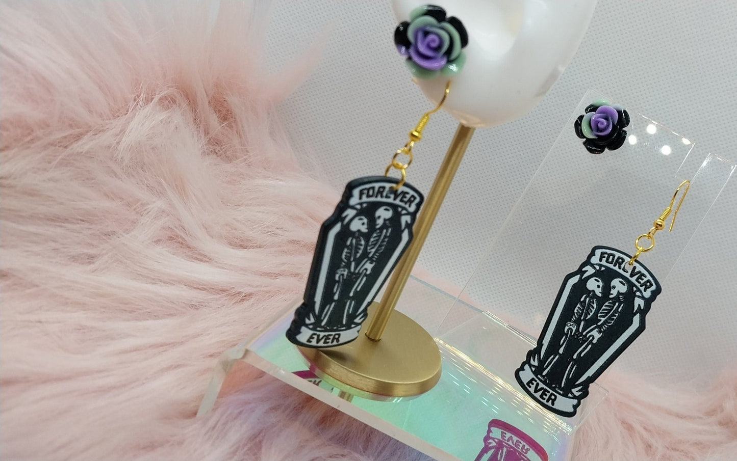 Loving Skeletons Dangle And Dark Rose's Stud Earrings Set for Women Golden Ear Wire Charm Dangle and Flowers Stud Halloween Earring Set - Moon & Starr Handcrafted LLC