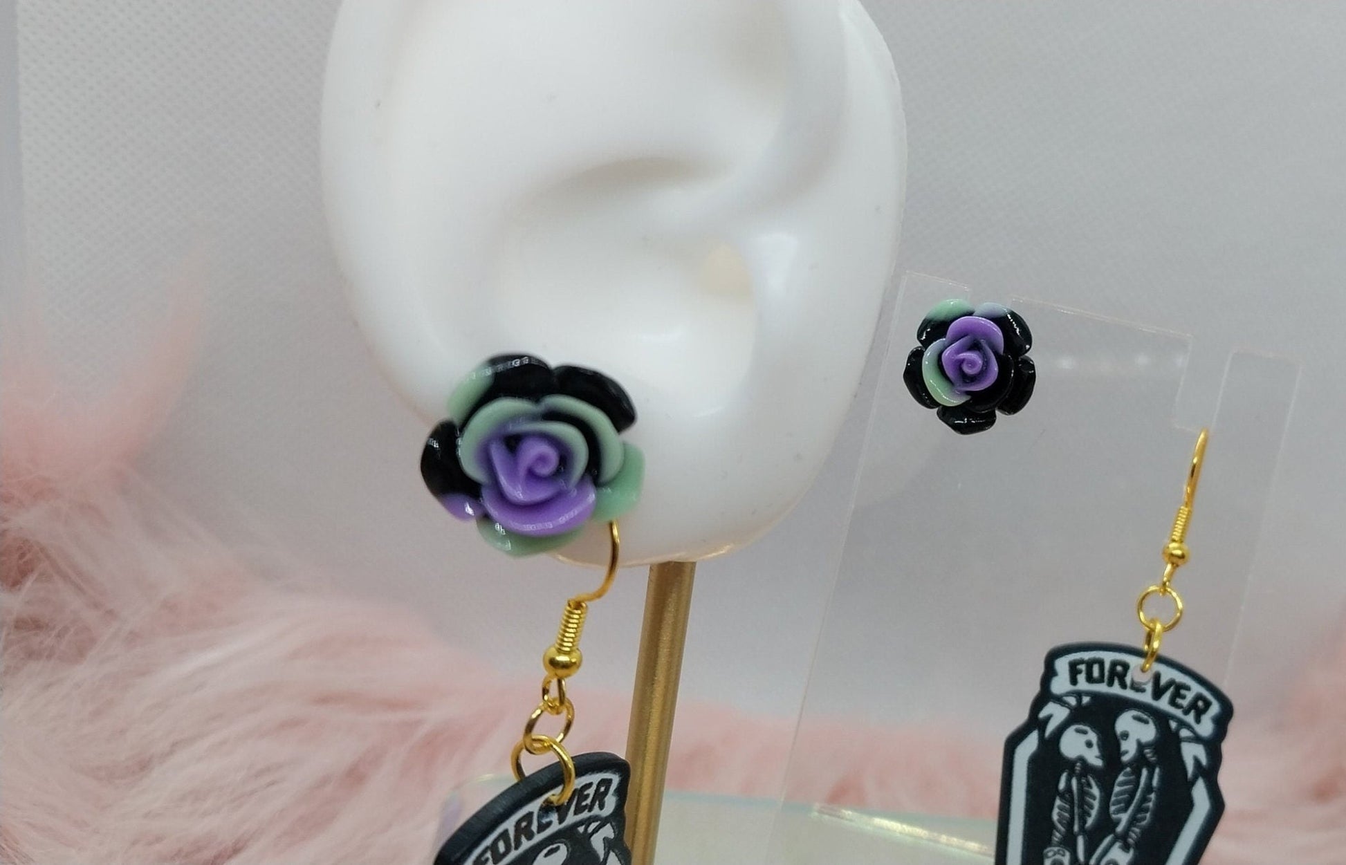 Loving Skeletons Dangle And Dark Rose's Stud Earrings Set for Women Golden Ear Wire Charm Dangle and Flowers Stud Halloween Earring Set - Moon & Starr Handcrafted LLC