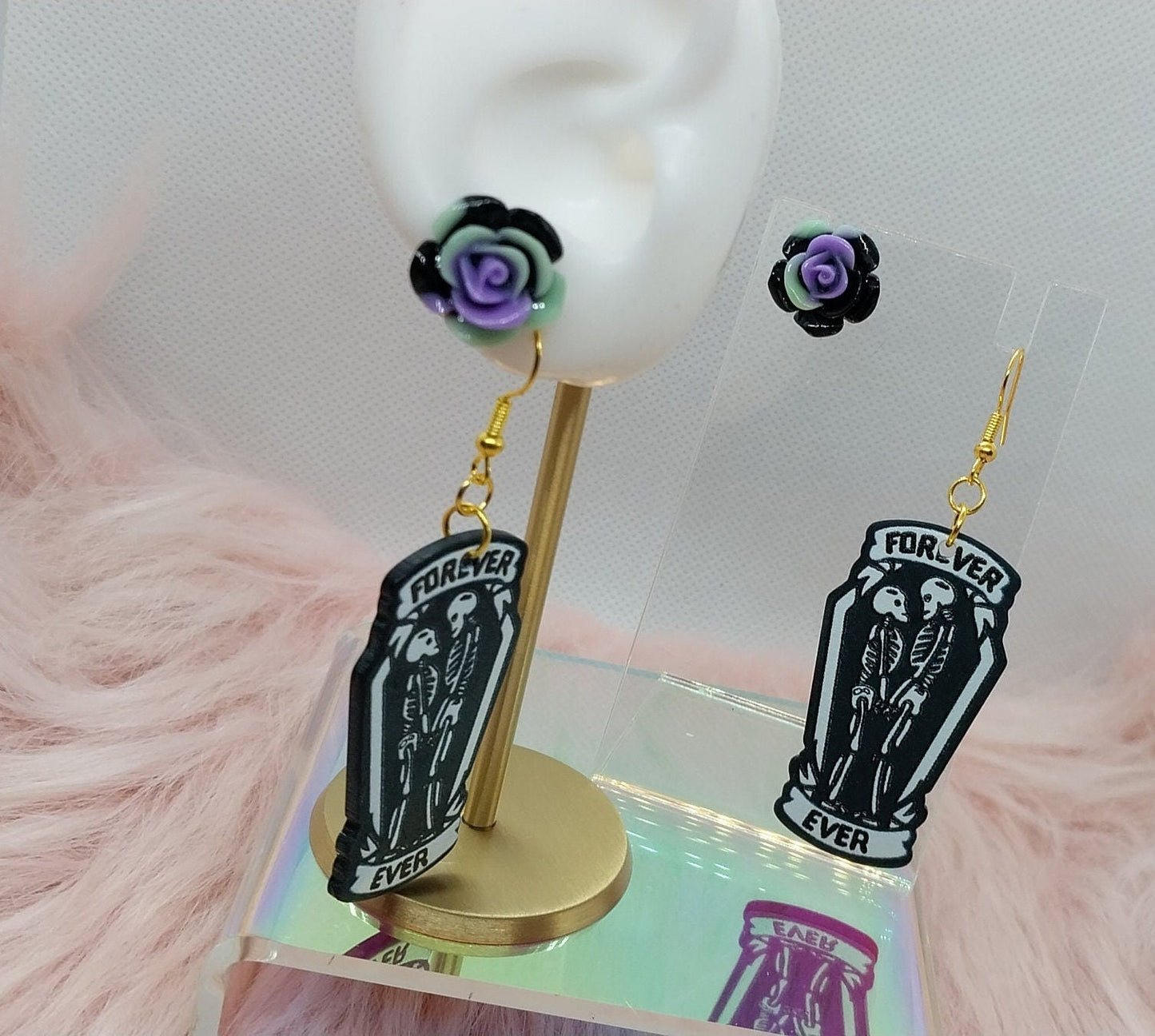 Loving Skeletons Dangle And Dark Rose's Stud Earrings Set for Women Golden Ear Wire Charm Dangle and Flowers Stud Halloween Earring Set - Moon & Starr Handcrafted LLC