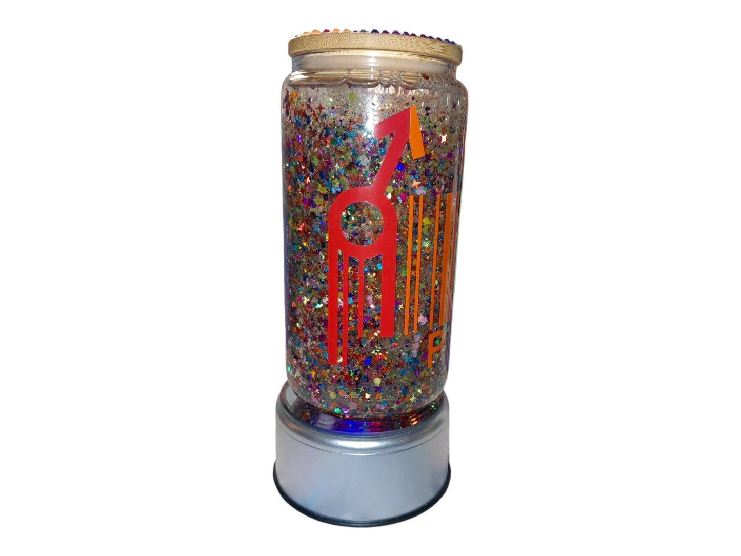 Pride Barcode Rainbow Glitter Snowglobe Tumbler, 12 Oz Glass Libbey Can Cup With Hand Bedazzled Bamboo Lid And Plastic Straw - Moon & Starr Handcrafted Jewelry && More!