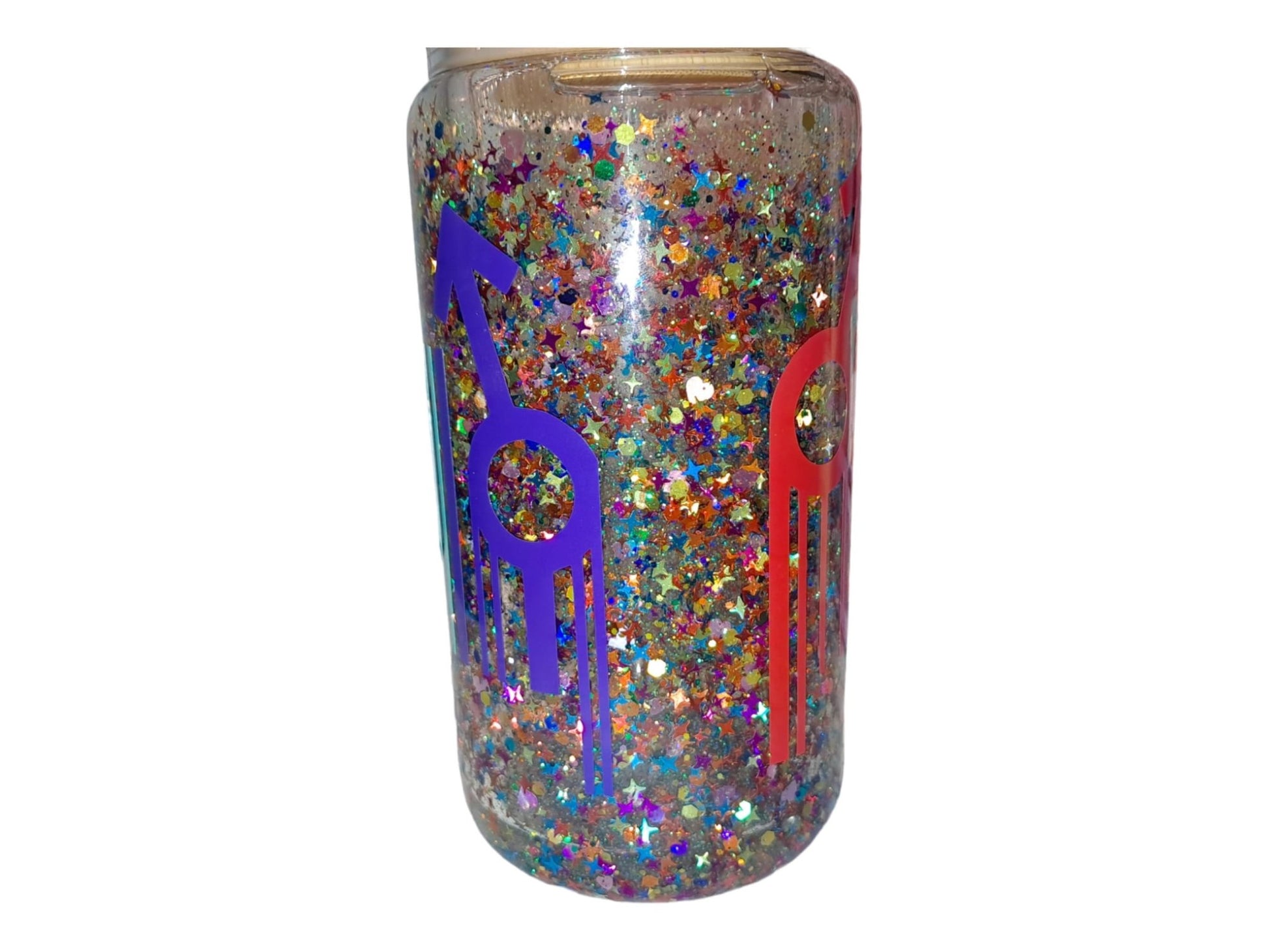 Pride Barcode Rainbow Glitter Snowglobe Tumbler, 12 Oz Glass Libbey Can Cup With Hand Bedazzled Bamboo Lid And Plastic Straw - Moon & Starr Handcrafted Jewelry && More!