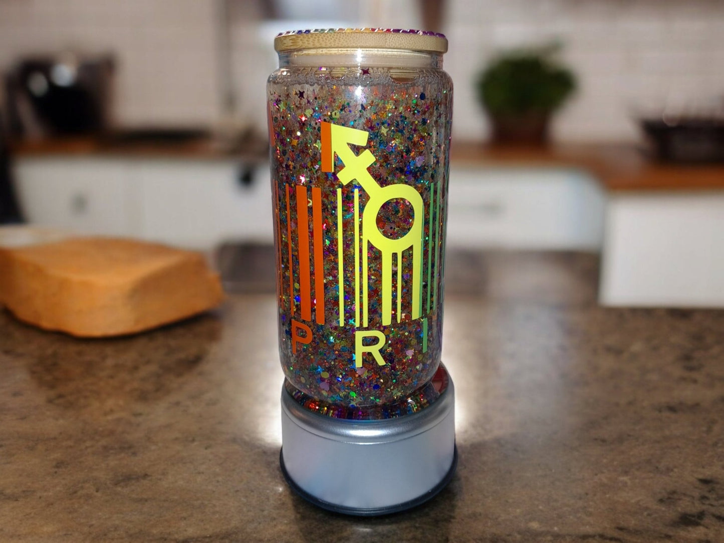 Pride Barcode Rainbow Glitter Snowglobe Tumbler, 12 Oz Glass Libbey Can Cup With Hand Bedazzled Bamboo Lid And Plastic Straw - Moon & Starr Handcrafted Jewelry && More!